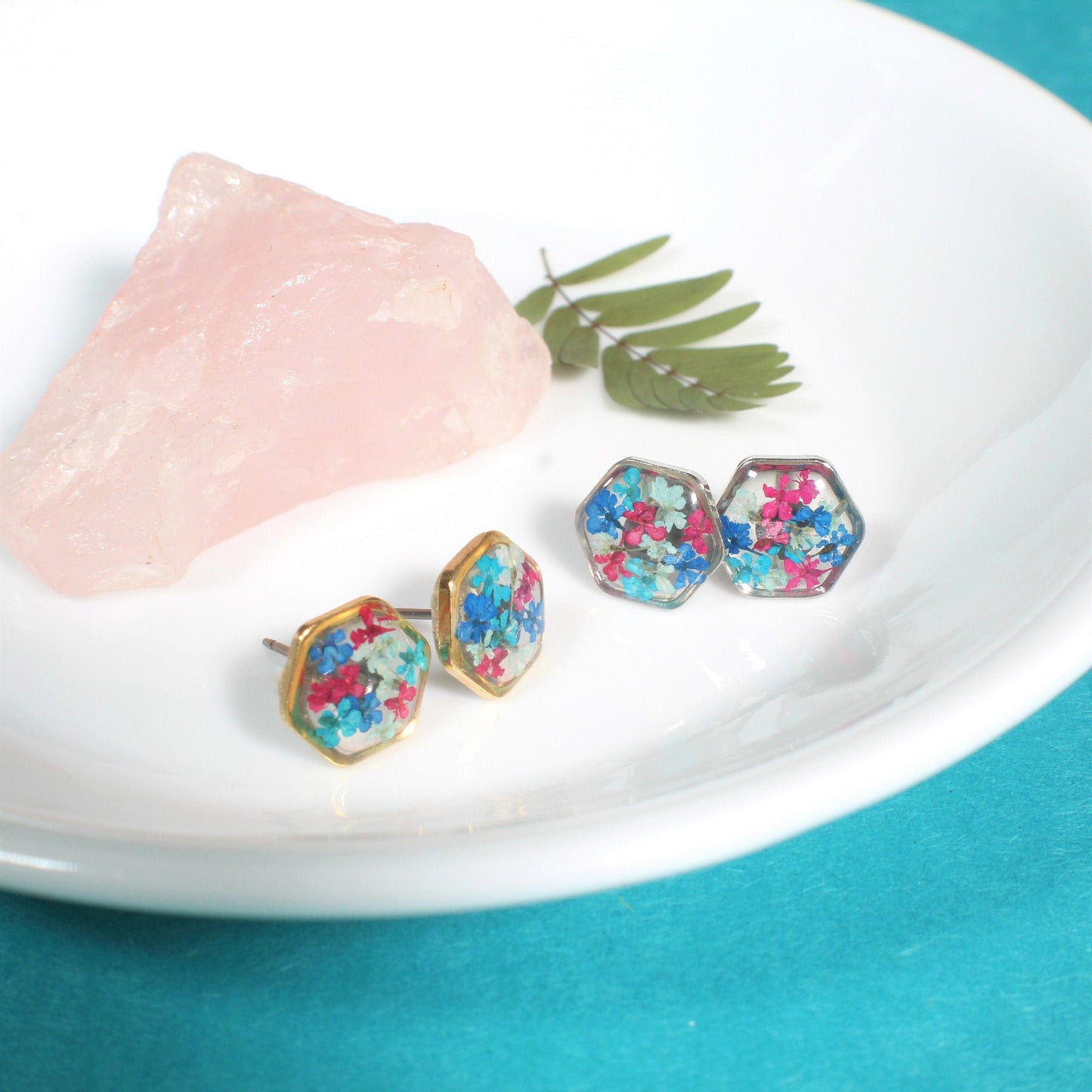 Pressed Flower Studs, Maroon, Teal, Navy Hexagon Studs, Real Flower Jewelry, Dried Flowers, Resin Plant Earrings, Hypoallergenic Titanium