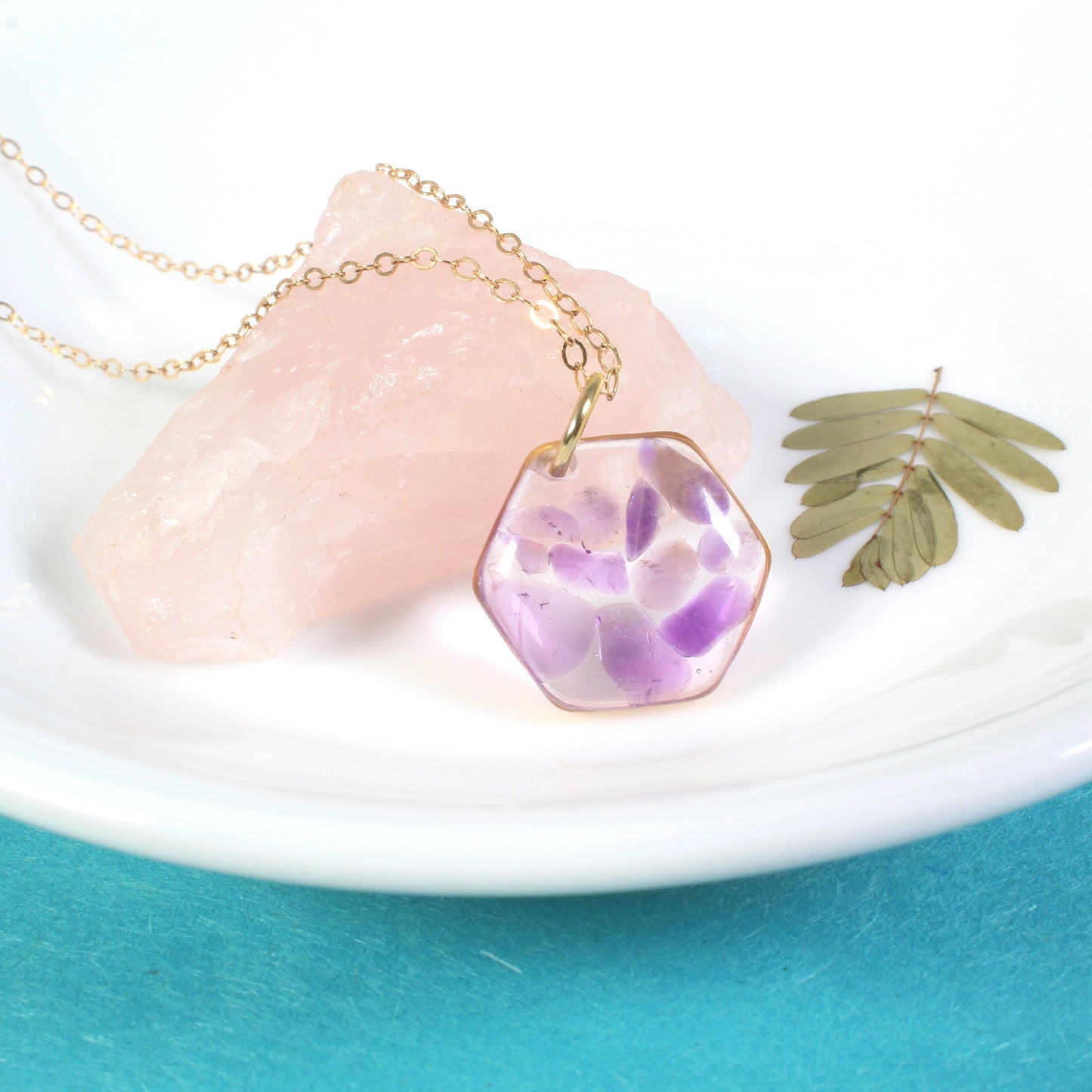 Crushed Amethyst Gemstone Resin Hexagon Necklace