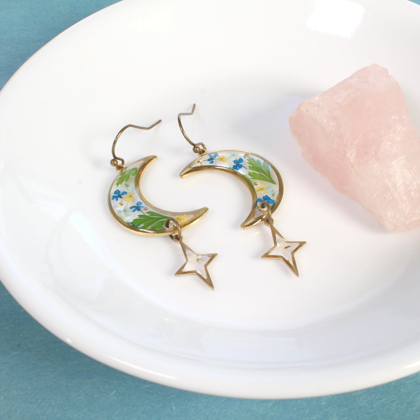 Pressed flower moon and star earrings, resin dried flower dangles, botanical lunar jewelry, handmade, celestial, fern leaves, nature, brass