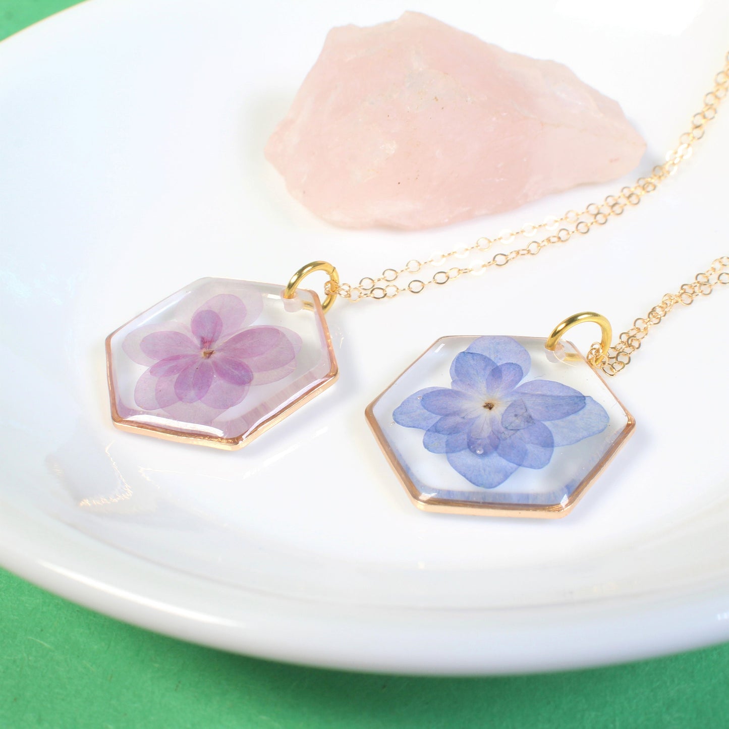 Hydrangea necklace, real pressed flower pendant, purple, blue, gold, silver, handmade resin dried flower jewelry, hexagon, botanical, nature