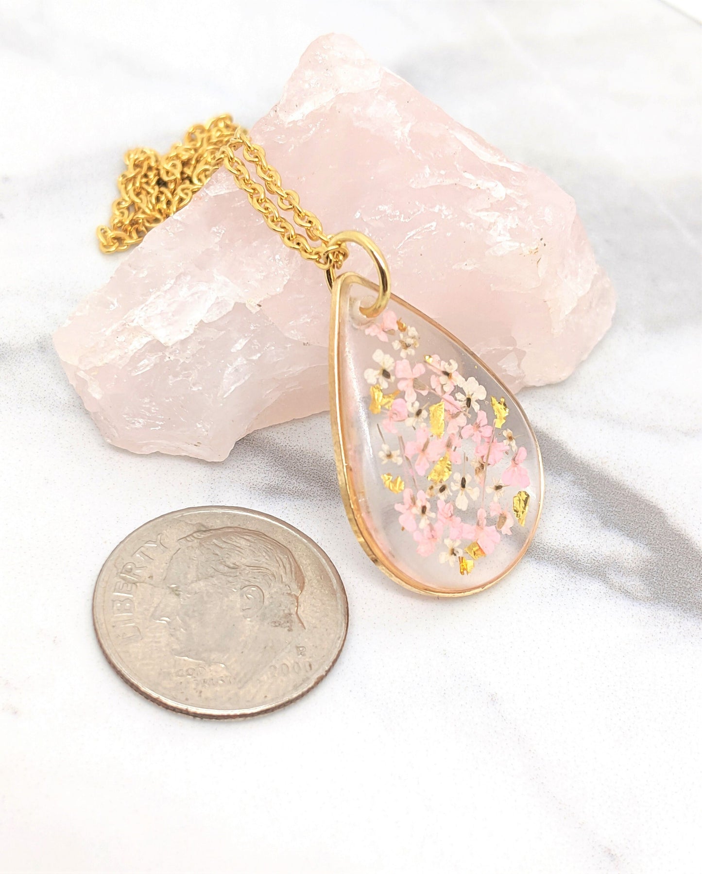 Small Real Pressed Flower Necklace, Gold, Blush Pink, White Teardrop Necklace, Pressed Flower Jewelry, Dried Flower Pendant, Resin Necklace