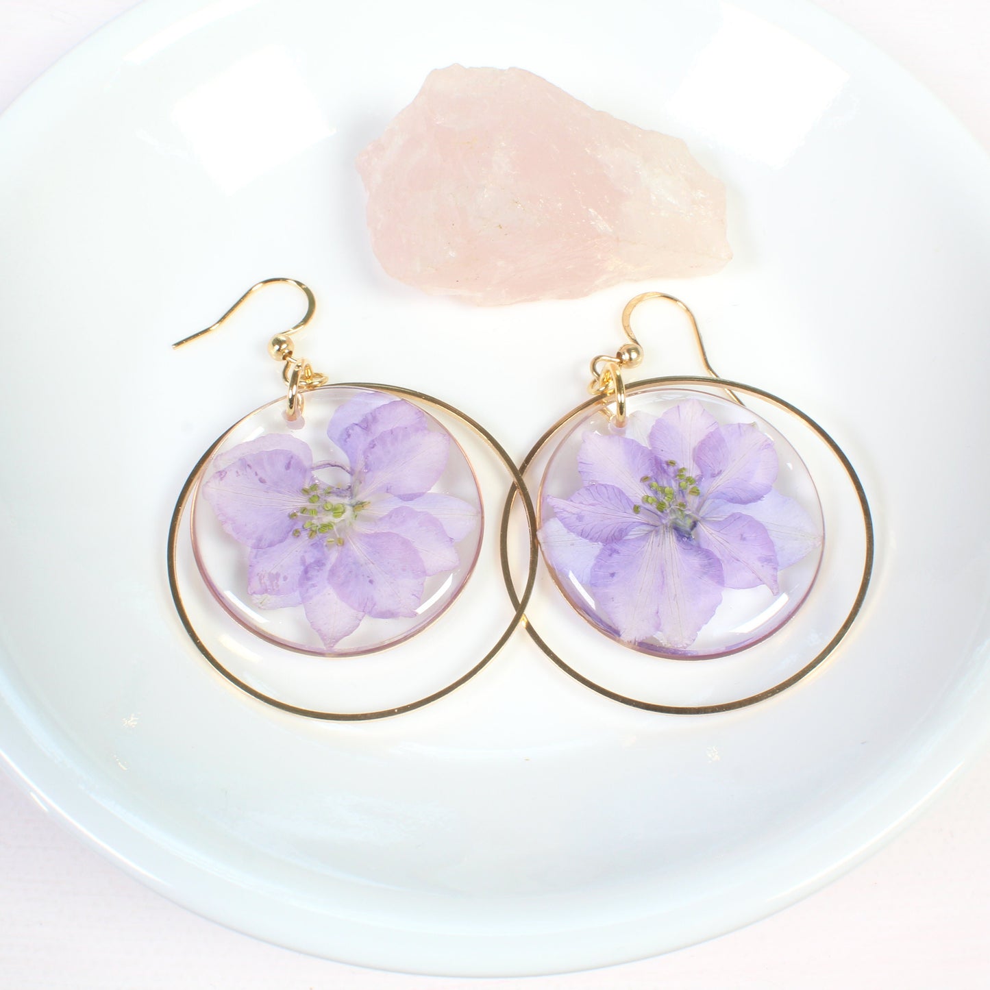 July birth flower earrings, large pressed larkspur flower dangles, handmade resin dried flower jewelry, dark or light purple, silver, gold