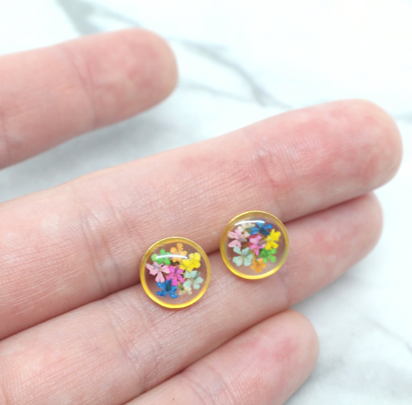 Gold rainbow earrings, pressed flower resin jewelry, colorful circle studs, hypoallergenic titanium, handmade post earrings, dried flowers