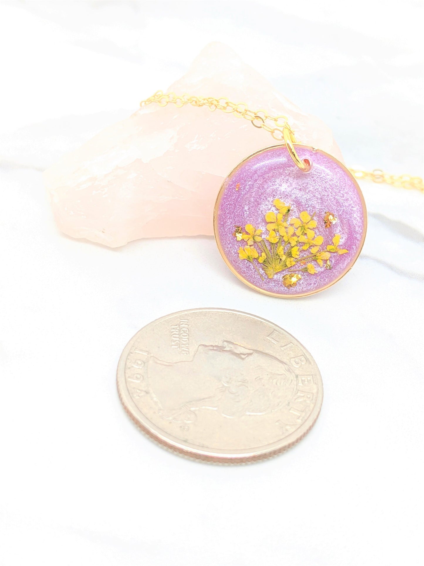 Pressed Flower Necklace, Small Real Flower Jewelry, Blush Pink, Blue, Lavender, Neon Pink, Mint, Black, Resin Lace Pendant, Colorful, Circle