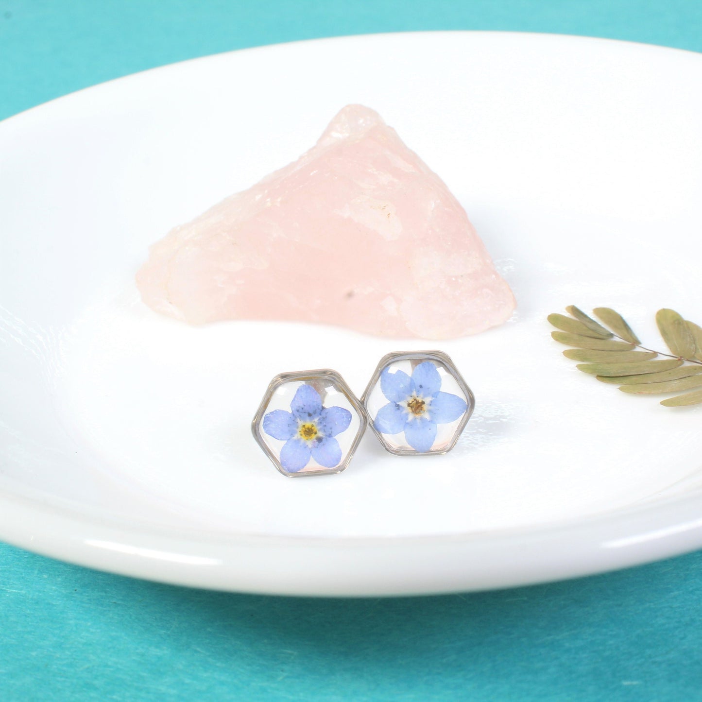 Pressed Flower Earrings, Forget-Me-Not Studs, Hypoallergenic Titanium Posts, Real Dry Flower, Plant, Hexagon, Gold, Silver, Preserved Nature