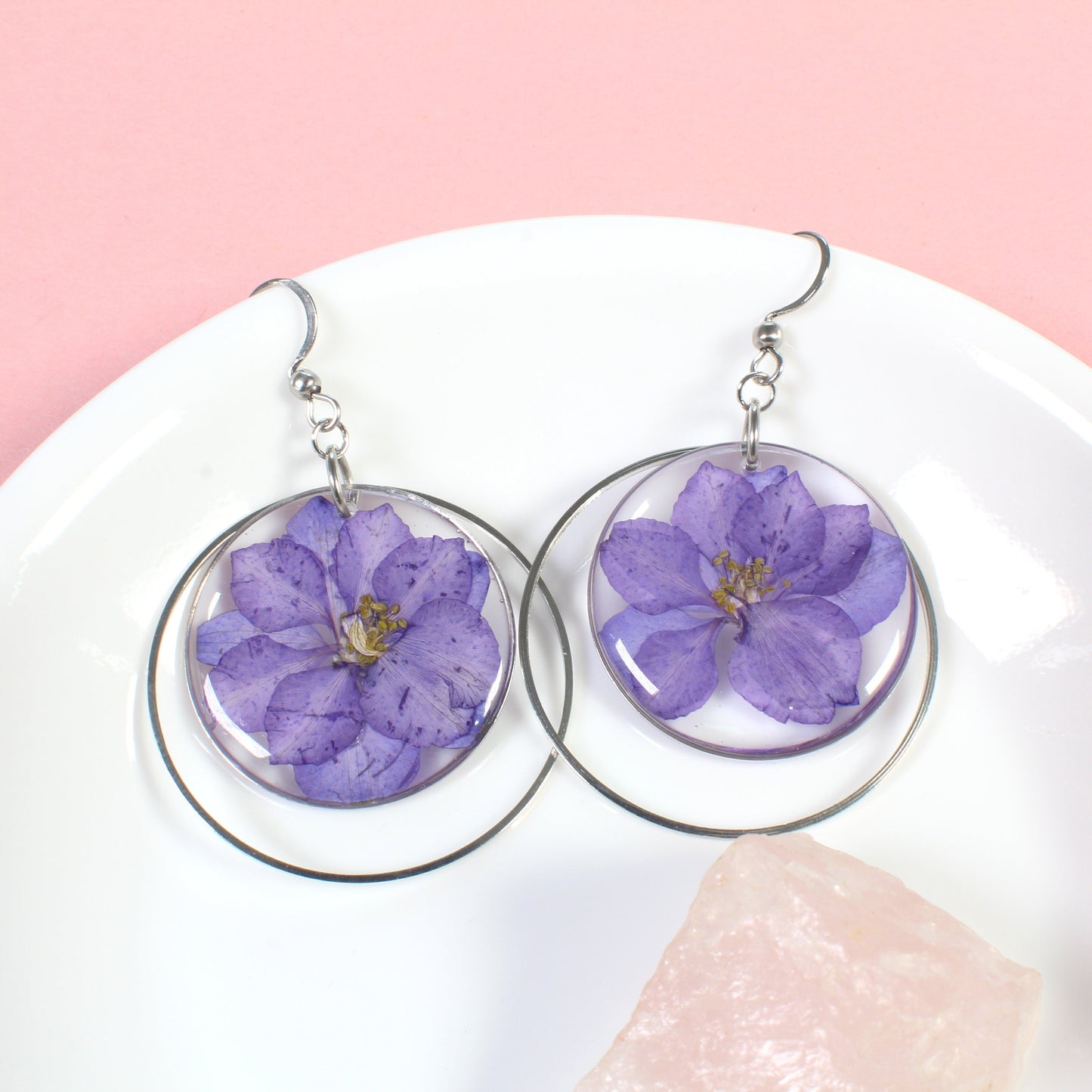 July birth flower earrings, large pressed larkspur flower dangles, handmade resin dried flower jewelry, dark or light purple, silver, gold