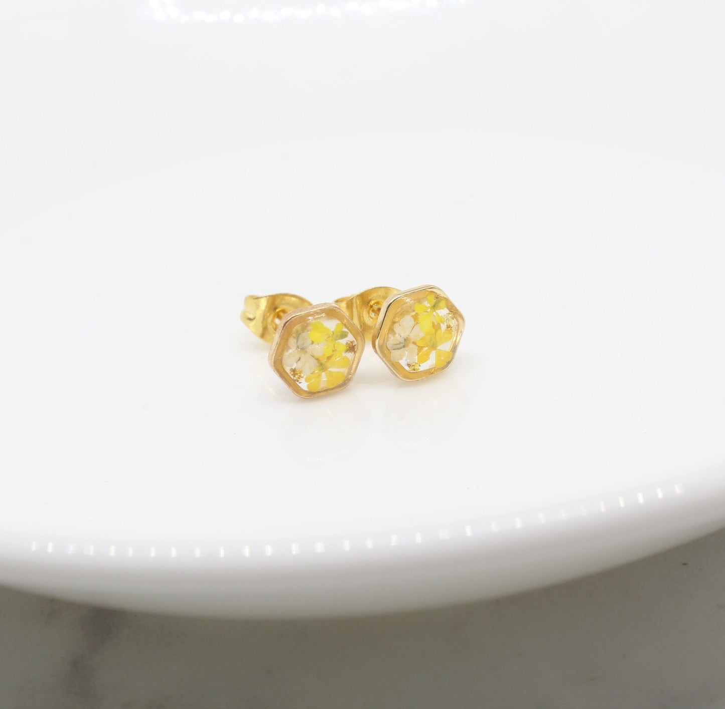 Tiny Pressed Flower Stud Earrings, Gold Hexagon Studs, Yellow Flowers, Pressed Flower Jewelry, Real Pressed Dry Flowers, Titanium, Resin