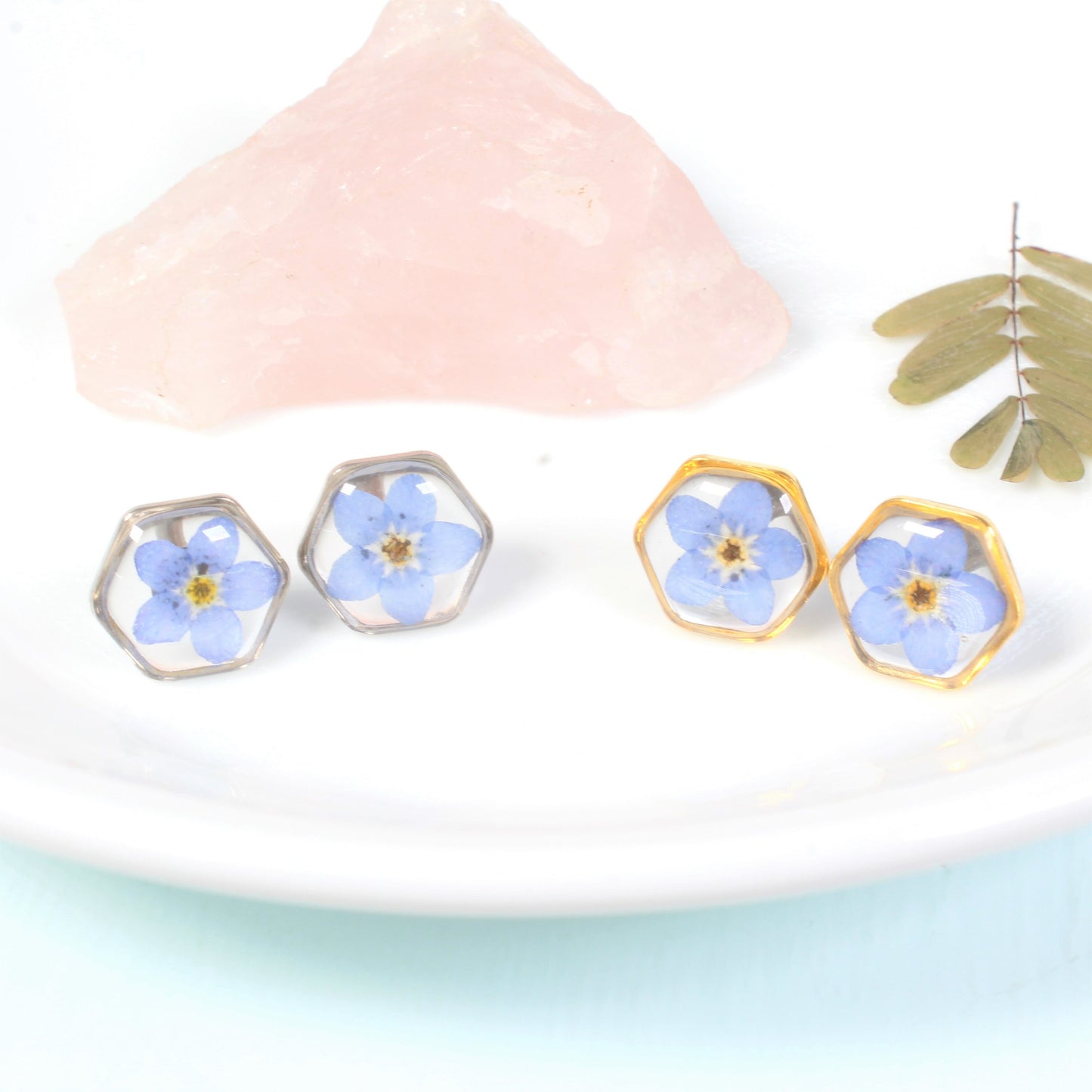 Pressed Flower Earrings, Forget-Me-Not Studs, Hypoallergenic Titanium Posts, Real Dry Flower, Plant, Hexagon, Gold, Silver, Preserved Nature