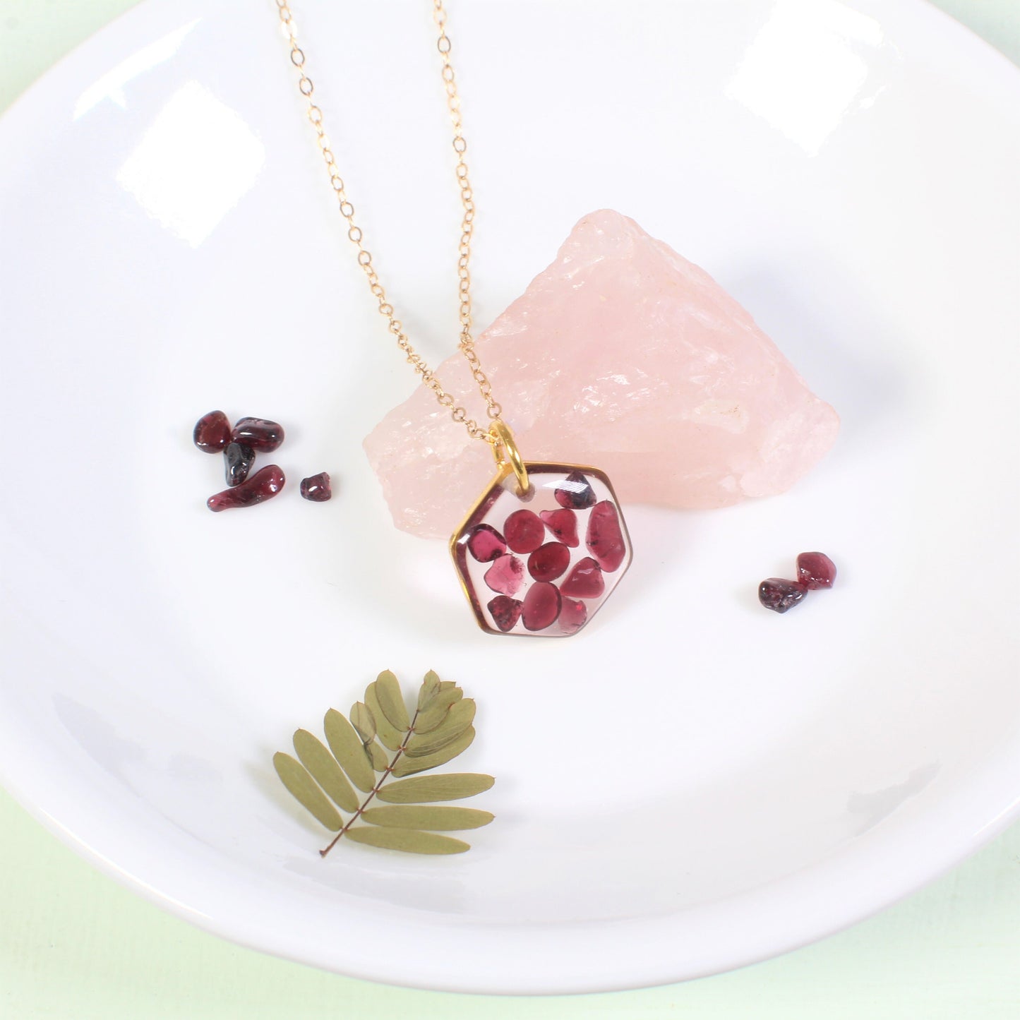 Garnet necklace, small red gemstone jewelry, January birthstone necklace, resin crystal pendant, handmade red garnet jewelry, scarlet, boho