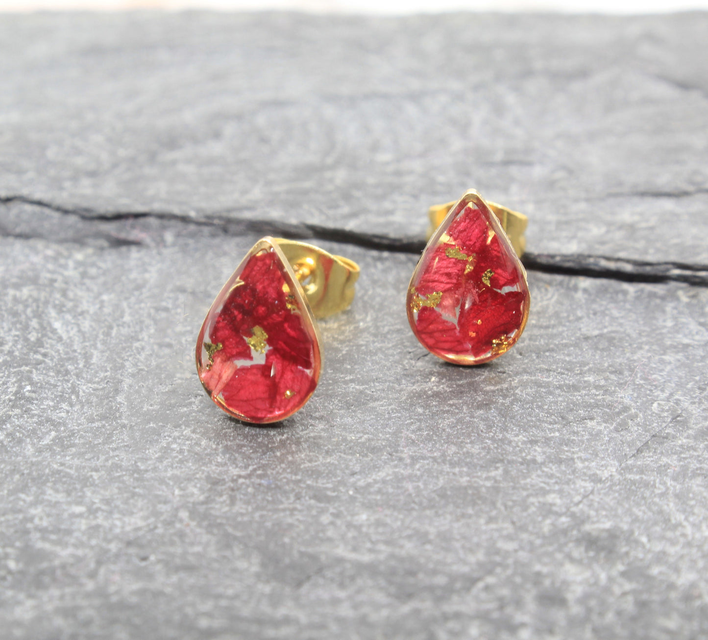 Real Pressed Flower Stud Earrings, Crushed Red Rose Petal Gold Teardrop Posts, Burgundy, Handmade Pressed Flower Jewelry, Bridal, Bridesmaid