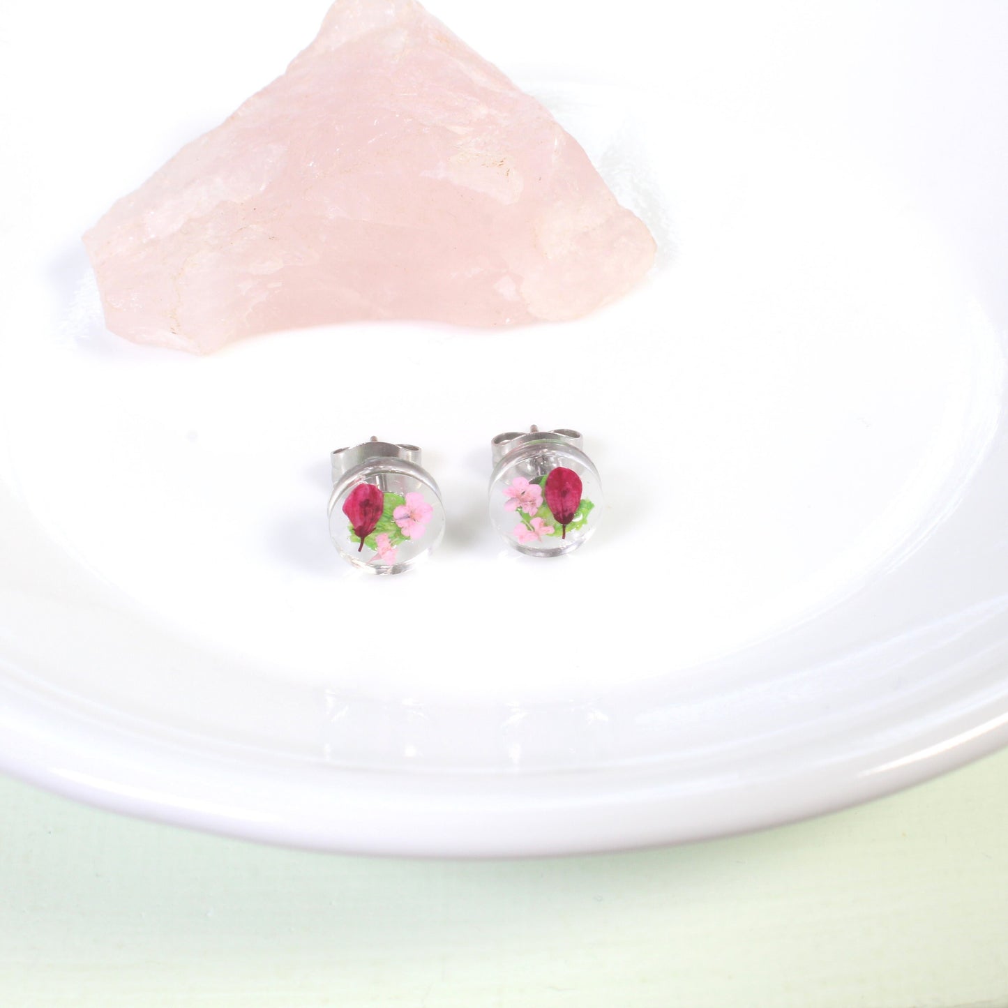 Small real pressed flower earrings, handmade resin studs in magenta, blush pink, light green, titanium posts, dried flowers, clear nature