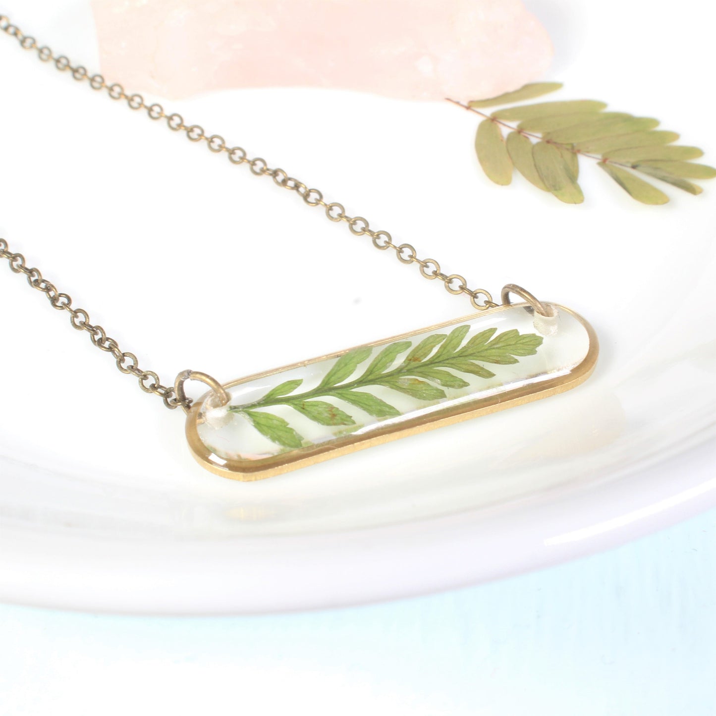 Oval Pressed Fern Leaf Necklace in Brass