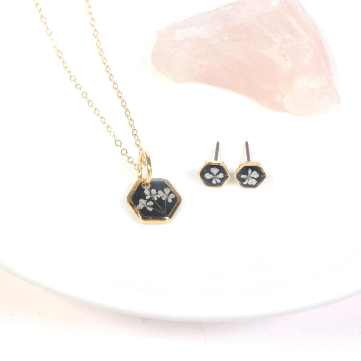 Tiny real pressed flower jewelry set, hexagons, gold silver black white, dainty, minimalist, titanium, handmade resin, mother's day gift