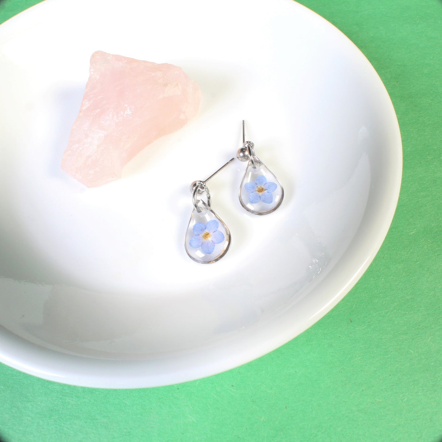 Tiny gold forget me not earrings, small teardrop dangle studs, handmade resin jewelry, pressed flowers, long distance friendship gift nature