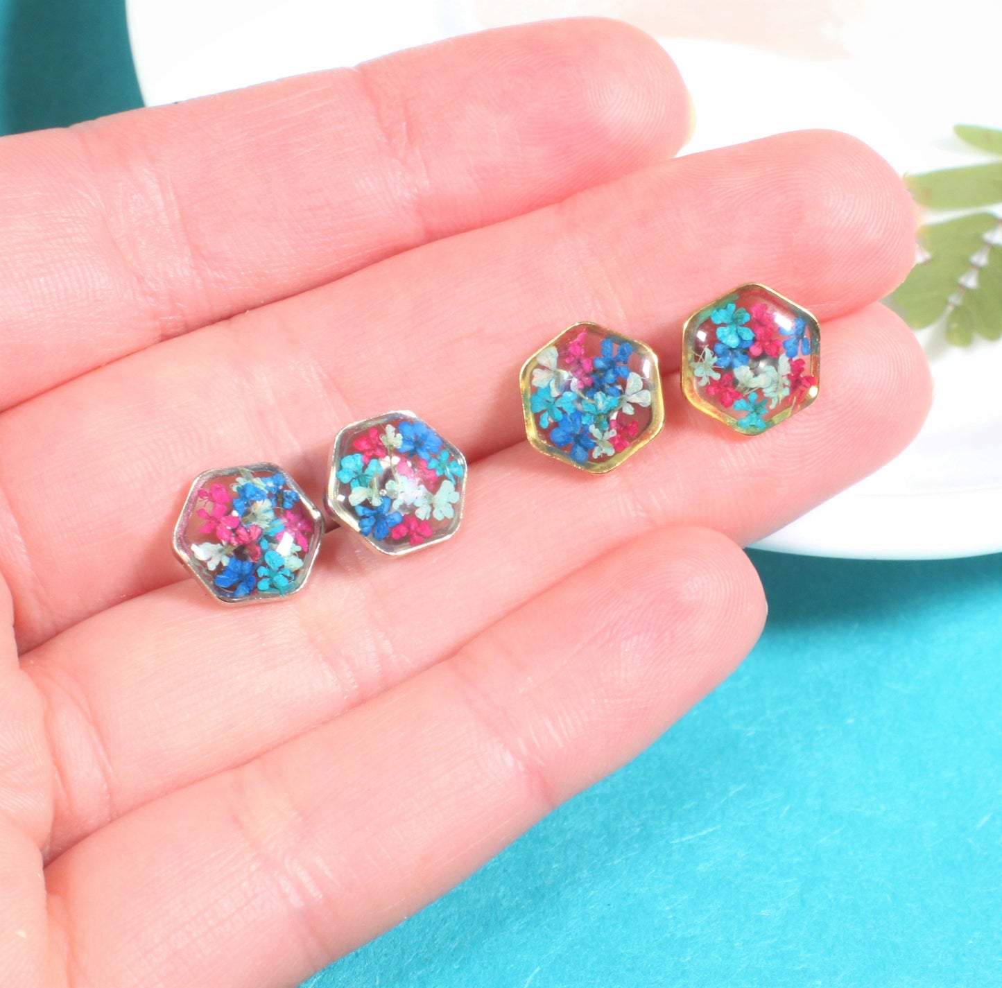 Pressed Flower Studs, Maroon, Teal, Navy Hexagon Studs, Real Flower Jewelry, Dried Flowers, Resin Plant Earrings, Hypoallergenic Titanium