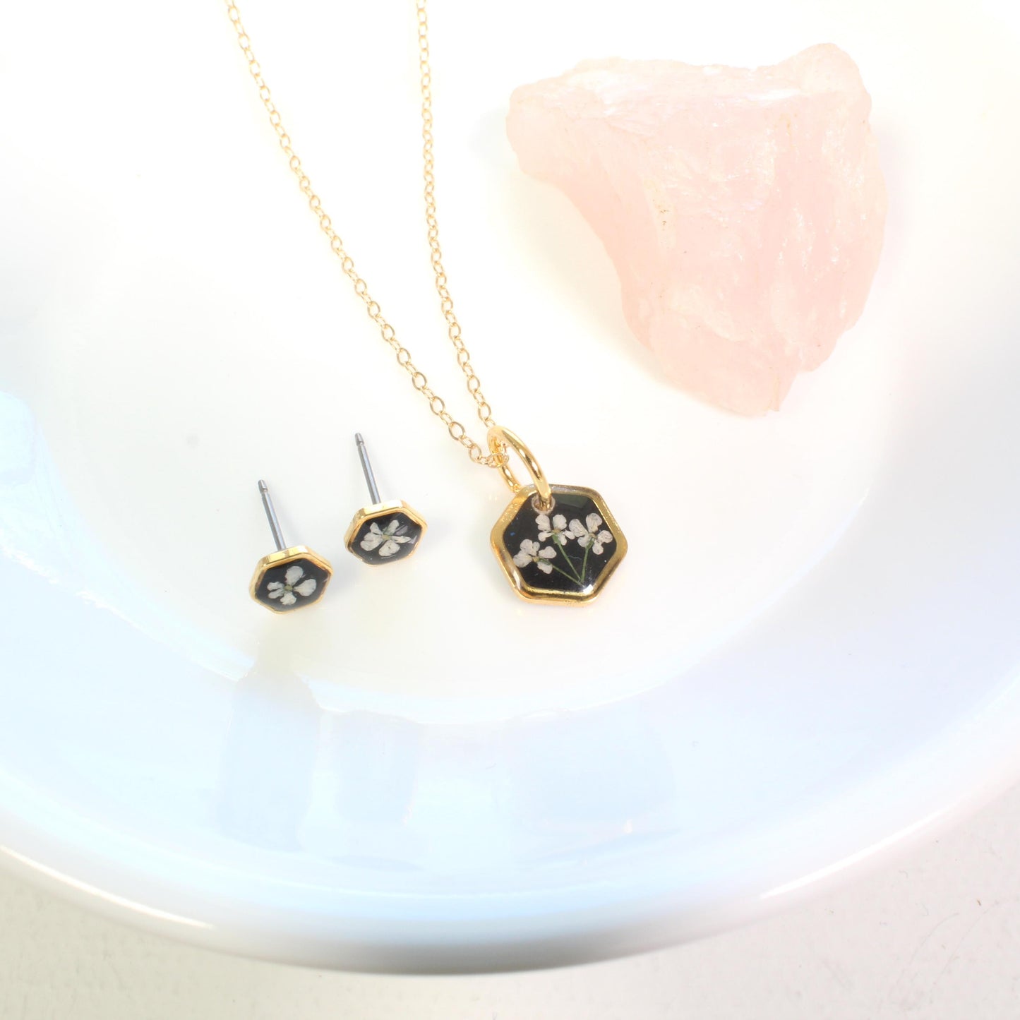Tiny real pressed flower jewelry set, hexagons, gold silver black white, dainty, minimalist, titanium, handmade resin, mother's day gift