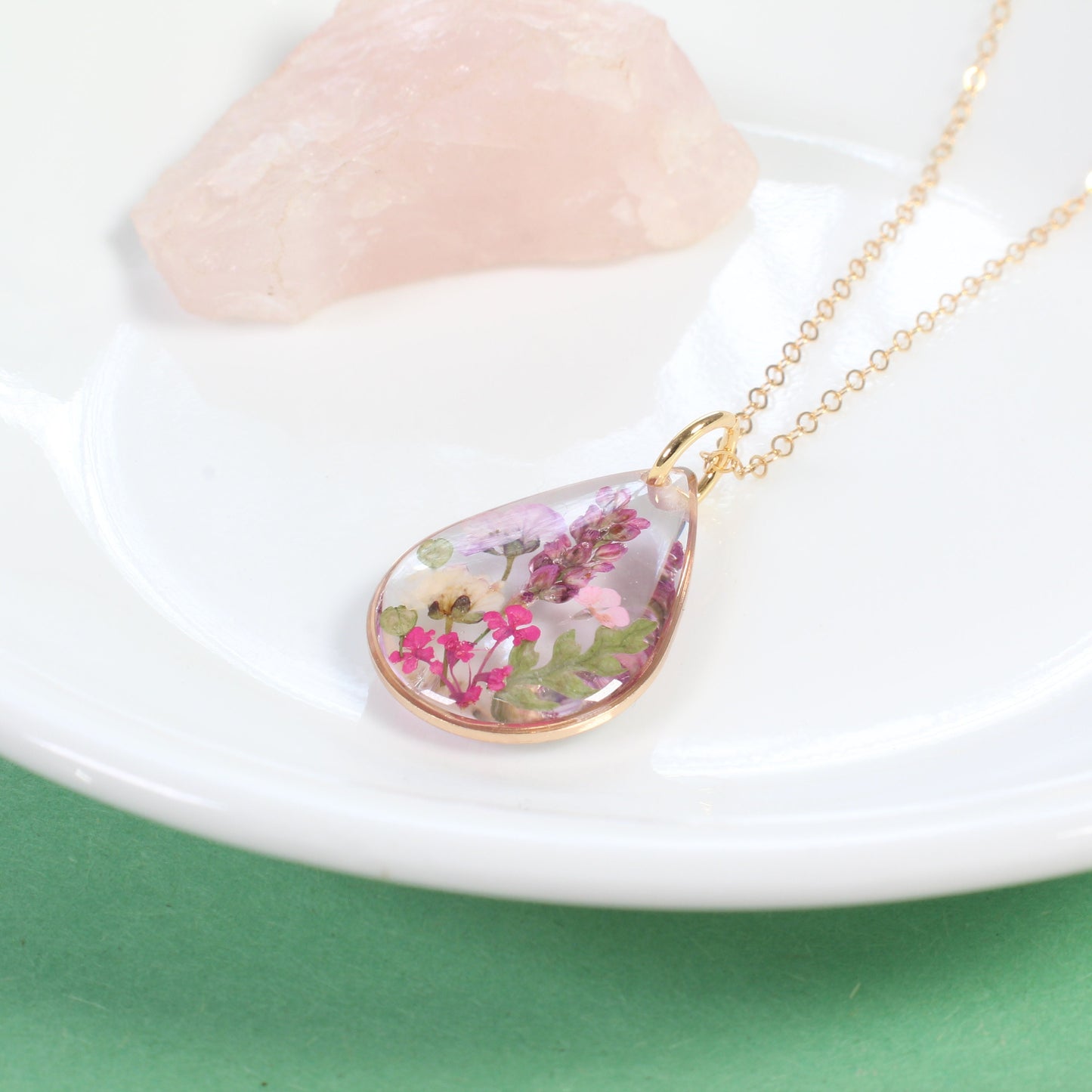 Small Pressed Flower Wildflower Teardrop Necklace