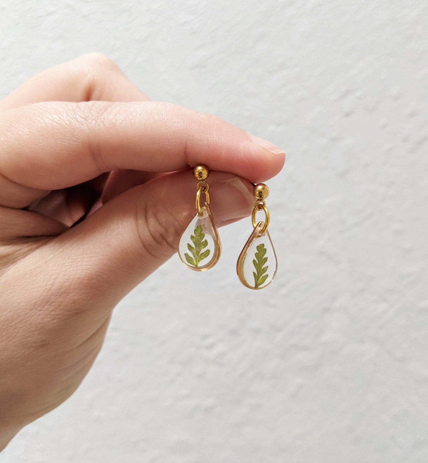 Fern Dangle Earrings, Pressed Leaf Teardrop Earrings, Real Plant Jewelry, Lightweight, Resin, Handmade, Pressed Flowers, Gold, Silver
