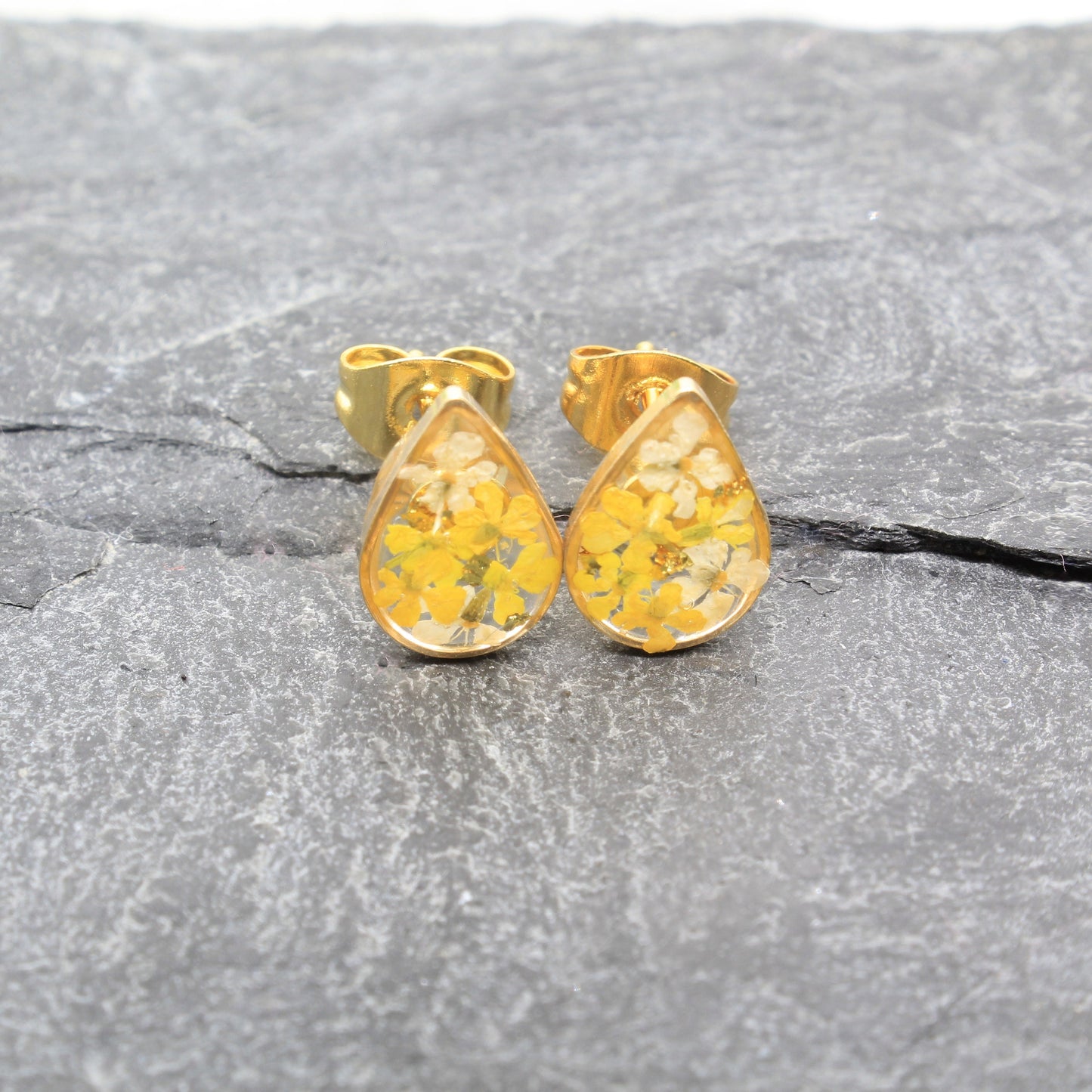 Pressed Flower Studs, Yellow, White, Gold Teardrop Posts, Dry Flower Earrings, Pressed Flower Jewelry, Real Flowers Jewelry, Pressed Flowers