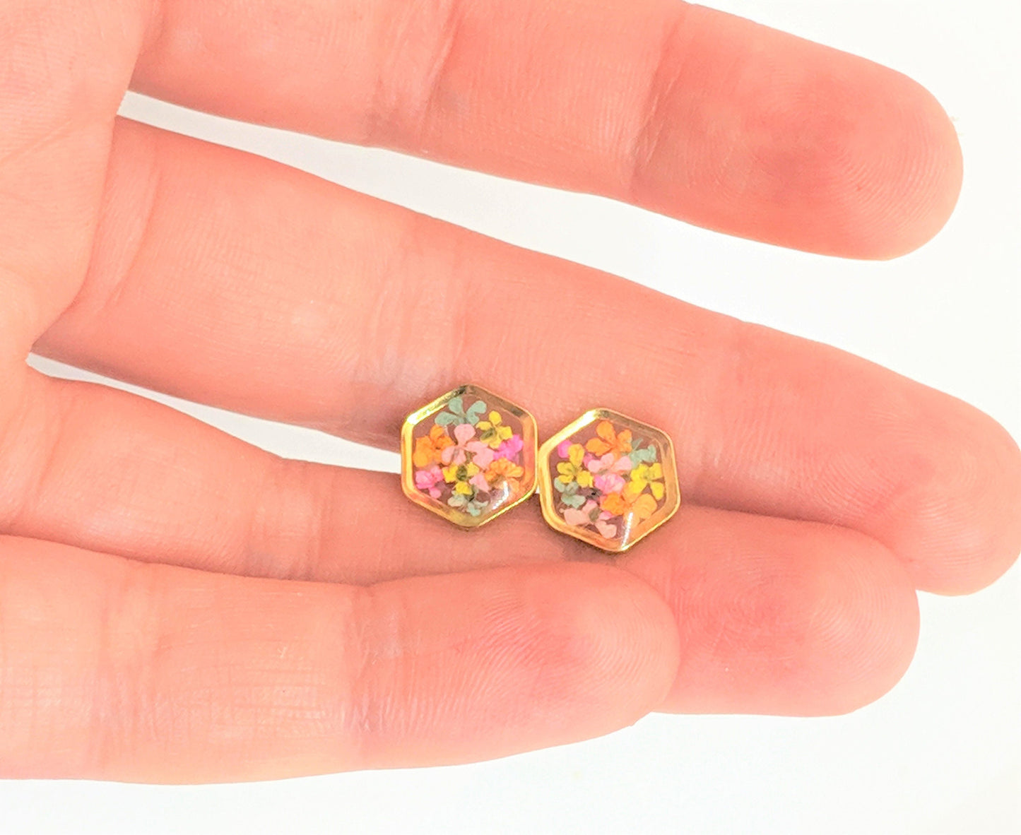 Real Pressed Flower 24K Gold Plated Hexagon Stud Earrings, Pastel Cotton Candy Colors, Dry Flower Jewelry, Titanium posts, Botanical