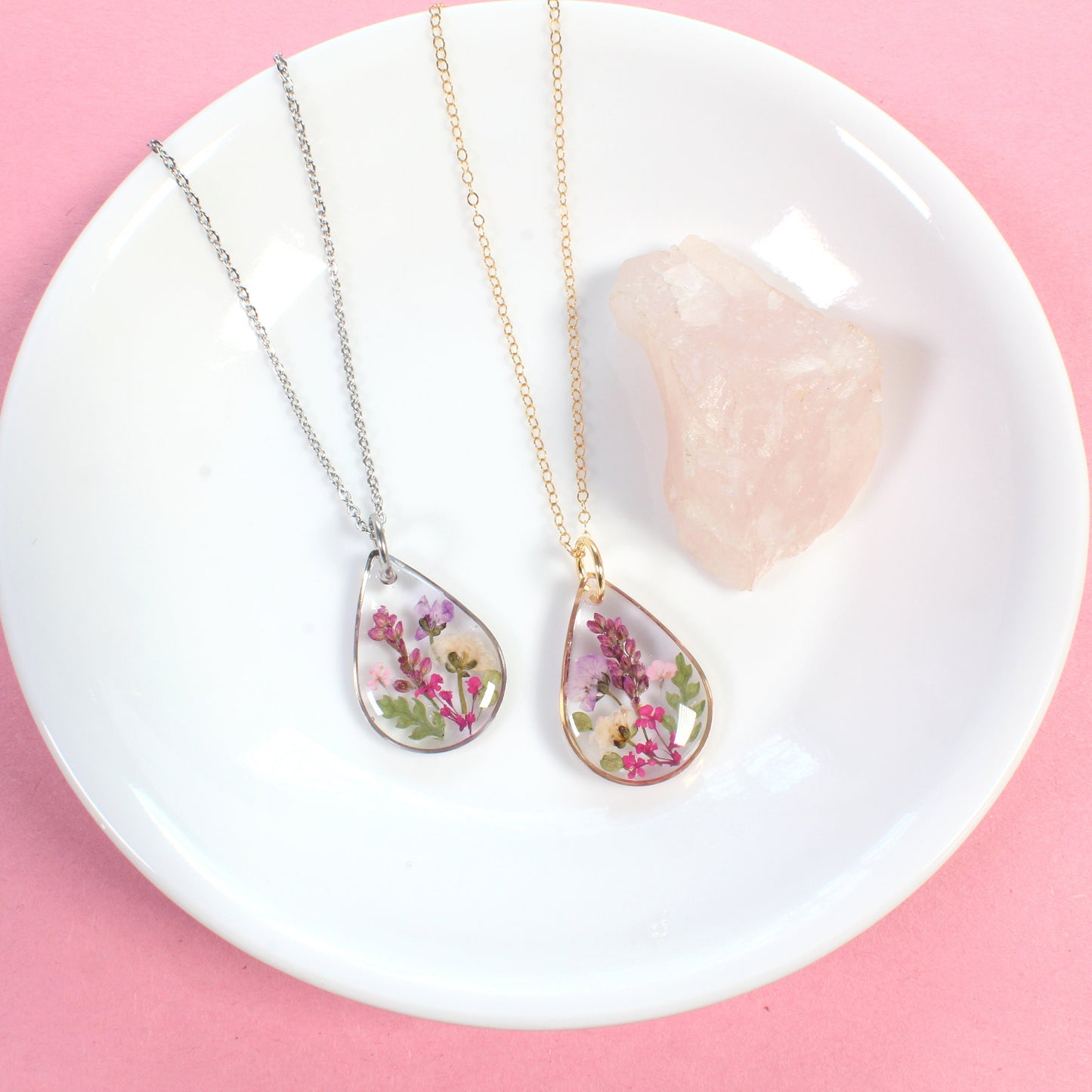 Small Pressed Flower Wildflower Teardrop Necklace