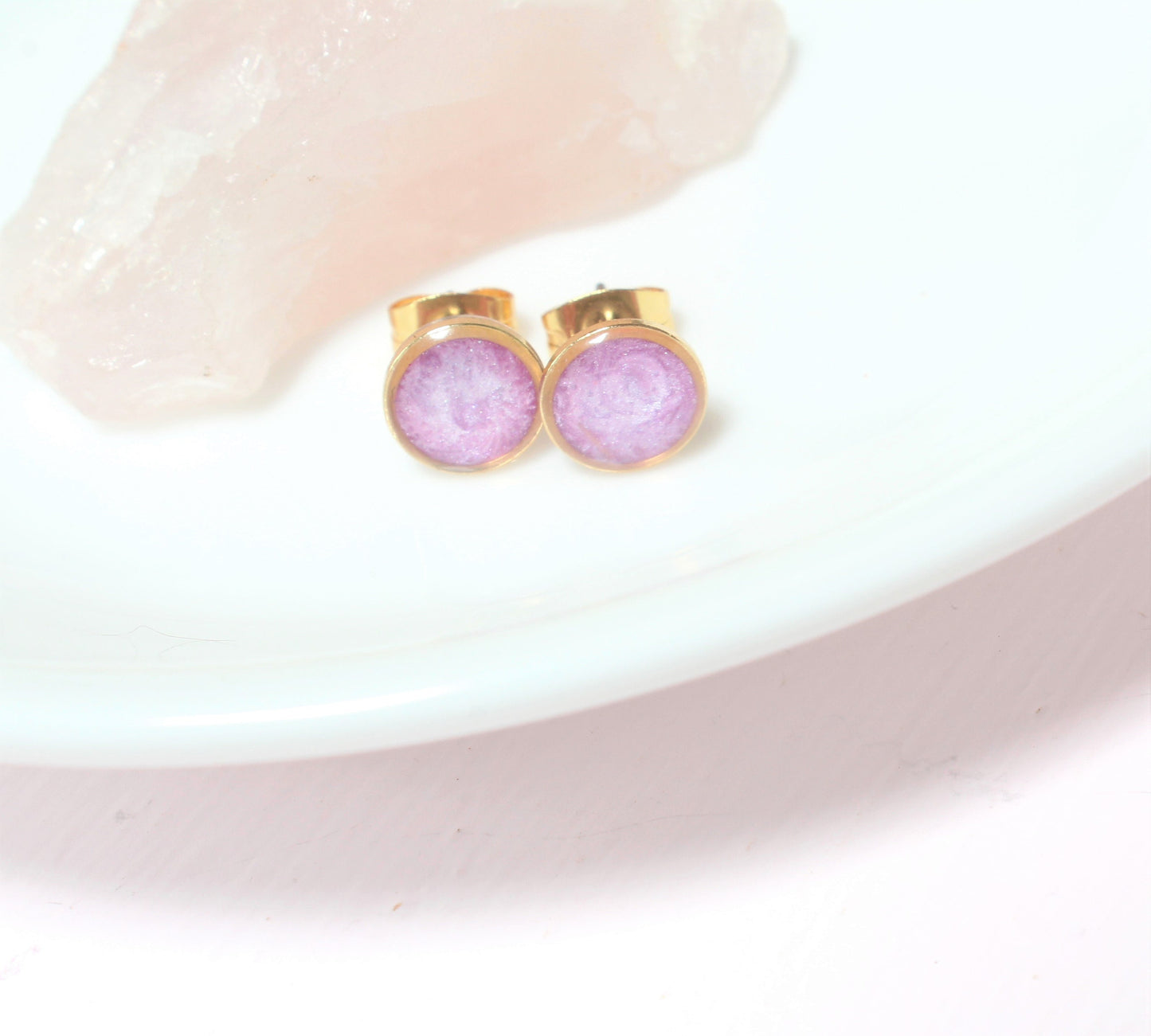 Small Modern Minimalist Lavender Studs | Resin Post Earrings | Hypoallergenic Titanium | Geometric | Gold Circles Lilac Mauve | Accent Posts