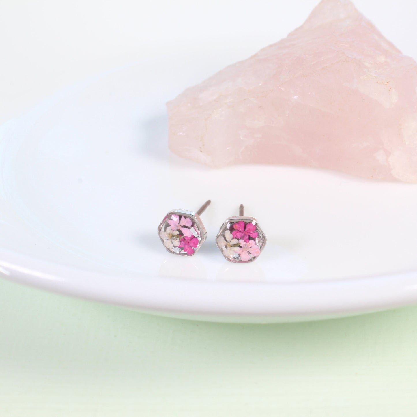Tiny pressed flower earrings, pink resin studs, micro jewelry, handmade hexagon post earrings, hypoallergenic titanium, teeny, gold, silver