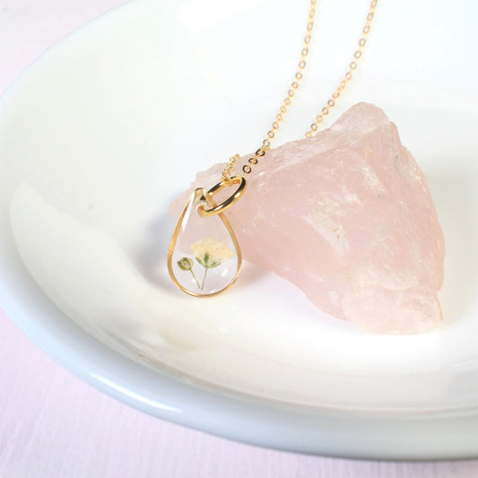Dainty baby's breath necklaces, small pressed flower teardrop pendants, dried white flowers, resin jewelry, handmade handcrafted nature gift