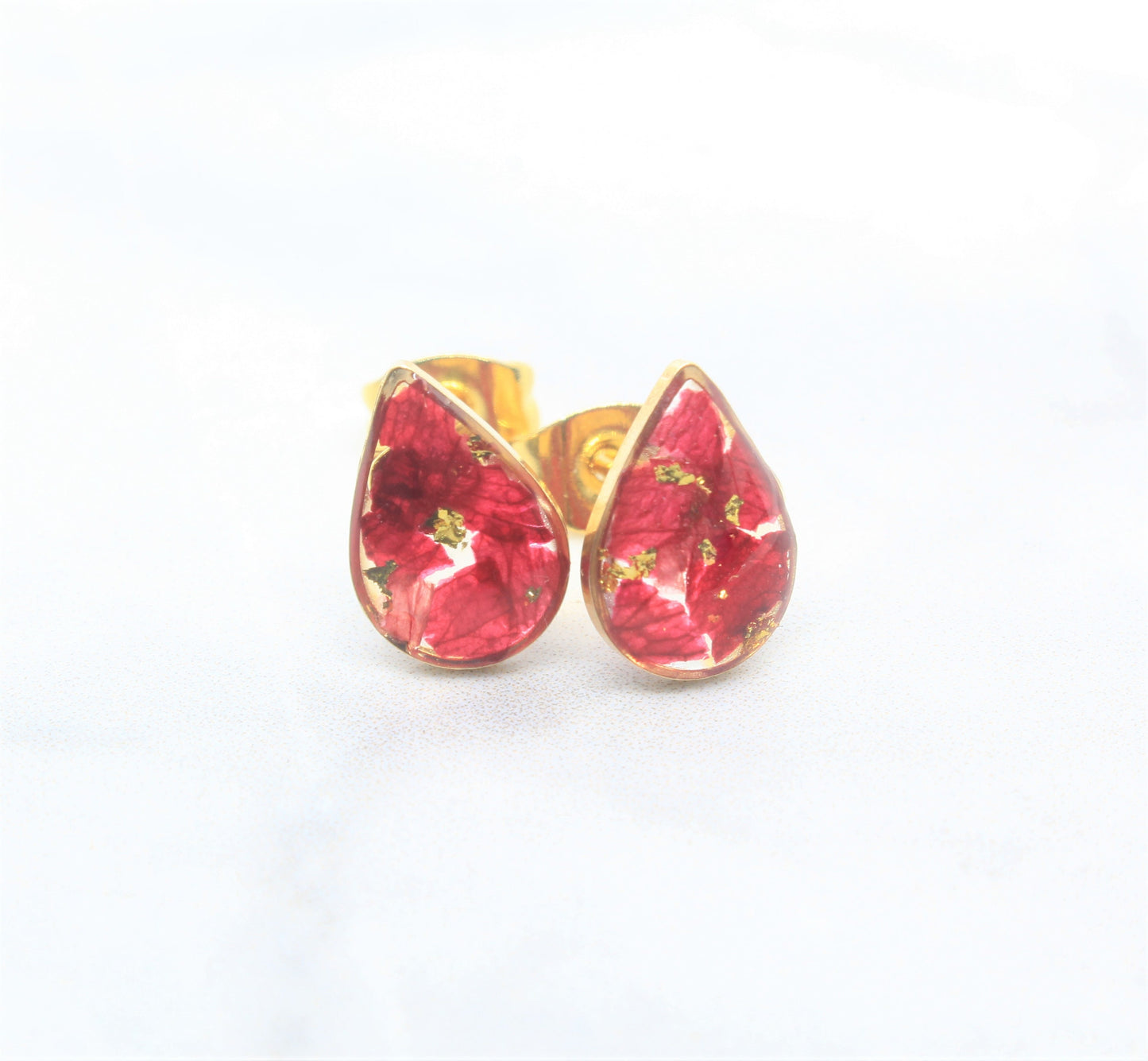 Real Pressed Flower Stud Earrings, Crushed Red Rose Petal Gold Teardrop Posts, Burgundy, Handmade Pressed Flower Jewelry, Bridal, Bridesmaid
