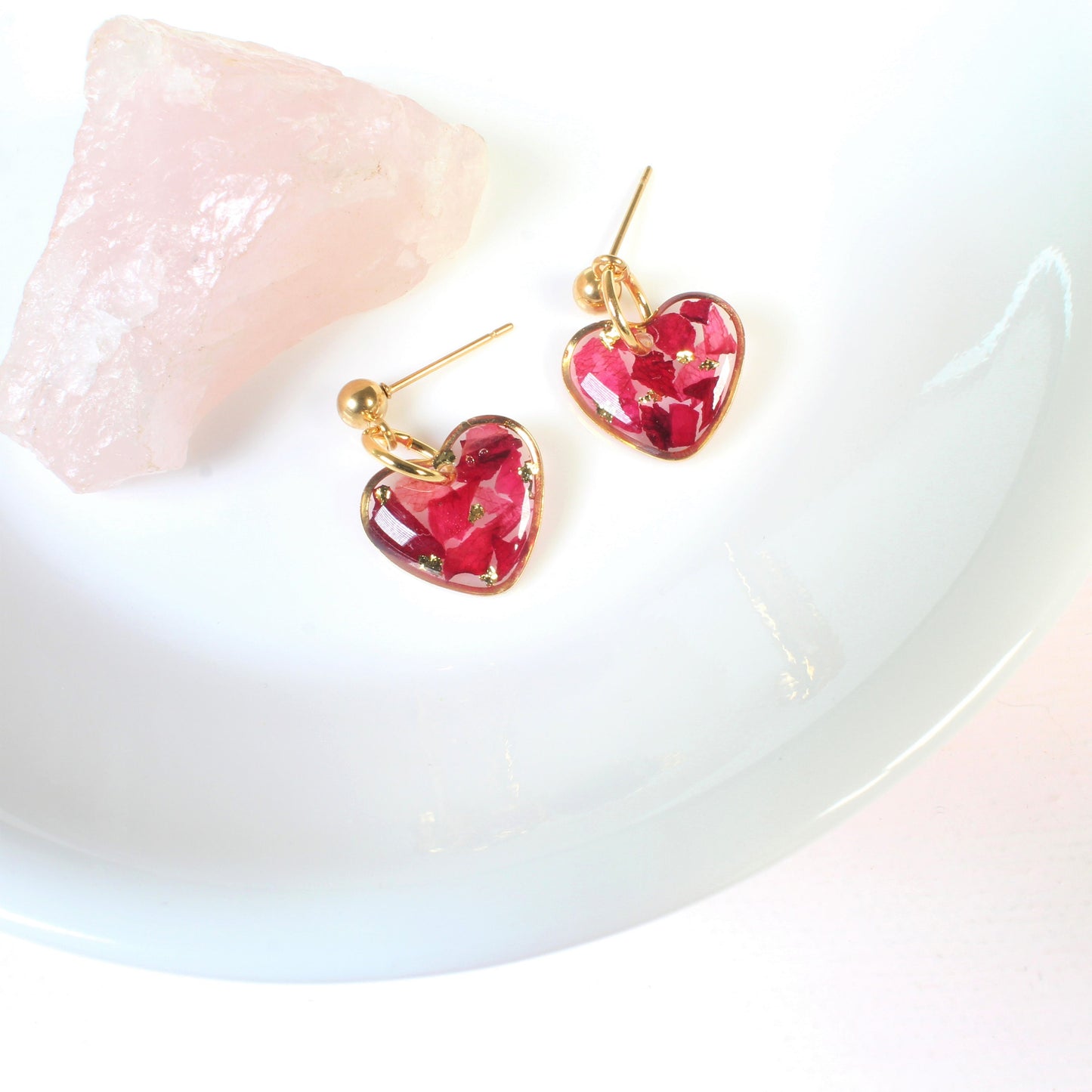 Heart Shaped Rose Petal Resin Dangle Earrings
