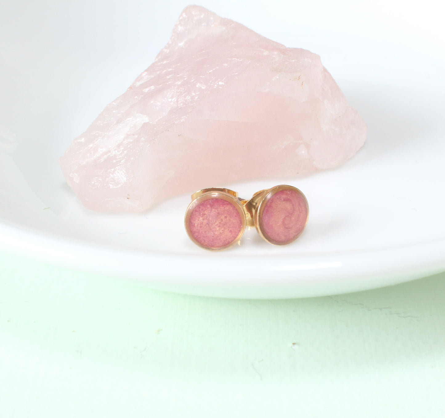 Small Modern Minimalist Blush Studs | Resin Earrings | Hypoallergenic Titanium | Geometric | Gold Circles, Peachy Blush | Layering Accent