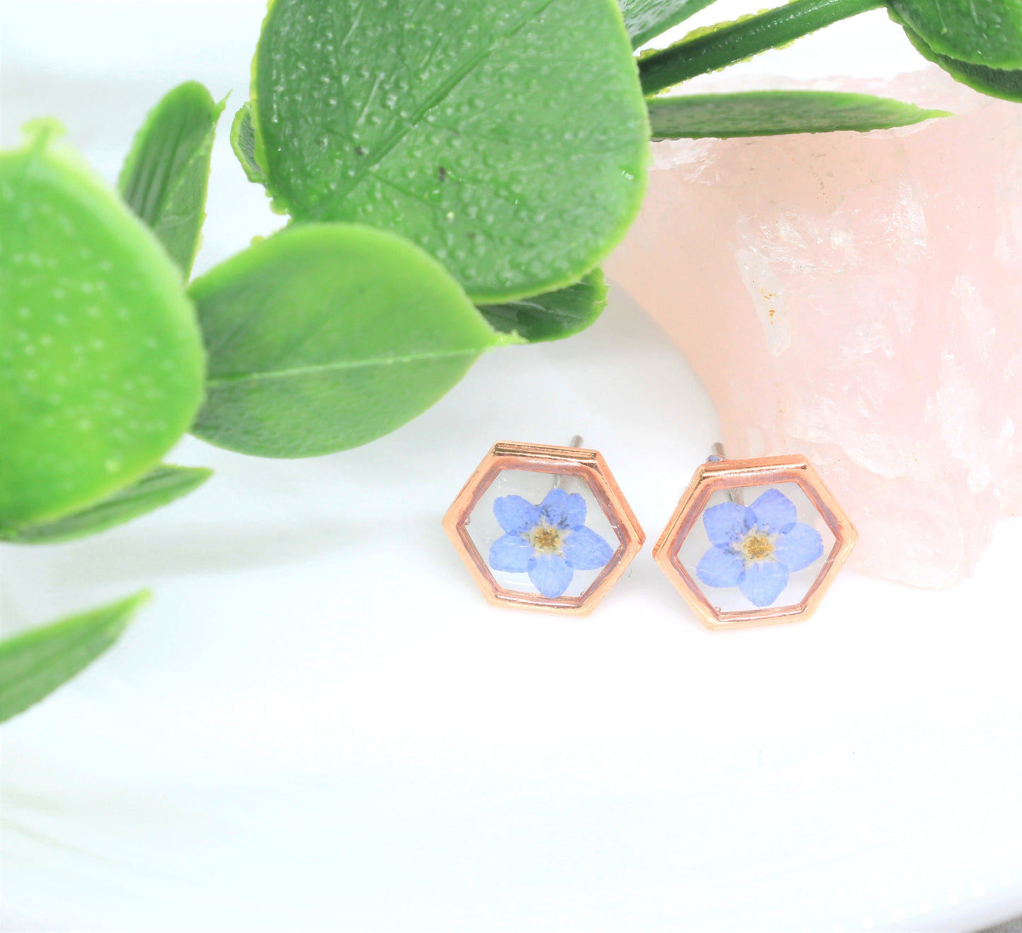 Pressed Flower Earrings, Rose Gold, Blue Forget-me-not Studs, Real Dried Flower Posts, Pressed Flower Jewelry, Botanical Forgetmenot Jewelry