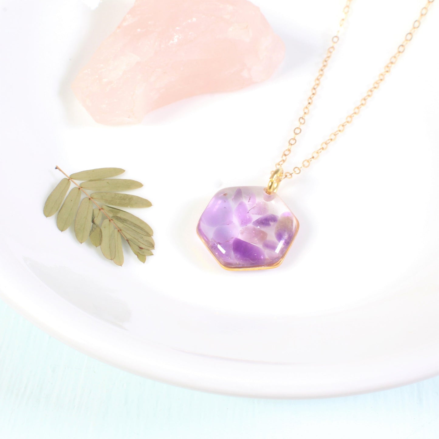 Crushed Amethyst Gemstone Resin Hexagon Necklace