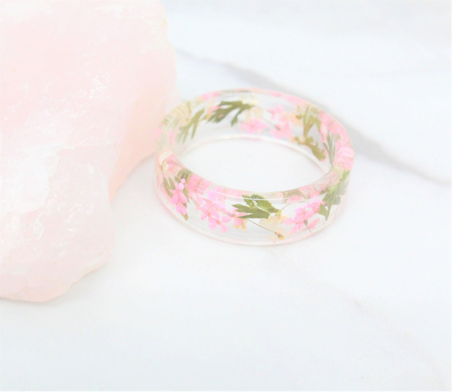 Real Pressed Flower Ring, Blush, White, and Leaves Clear Resin Band, Pressed Flower Jewelry, Dry Flower Ring, Real Flower Ring, Pink Ring