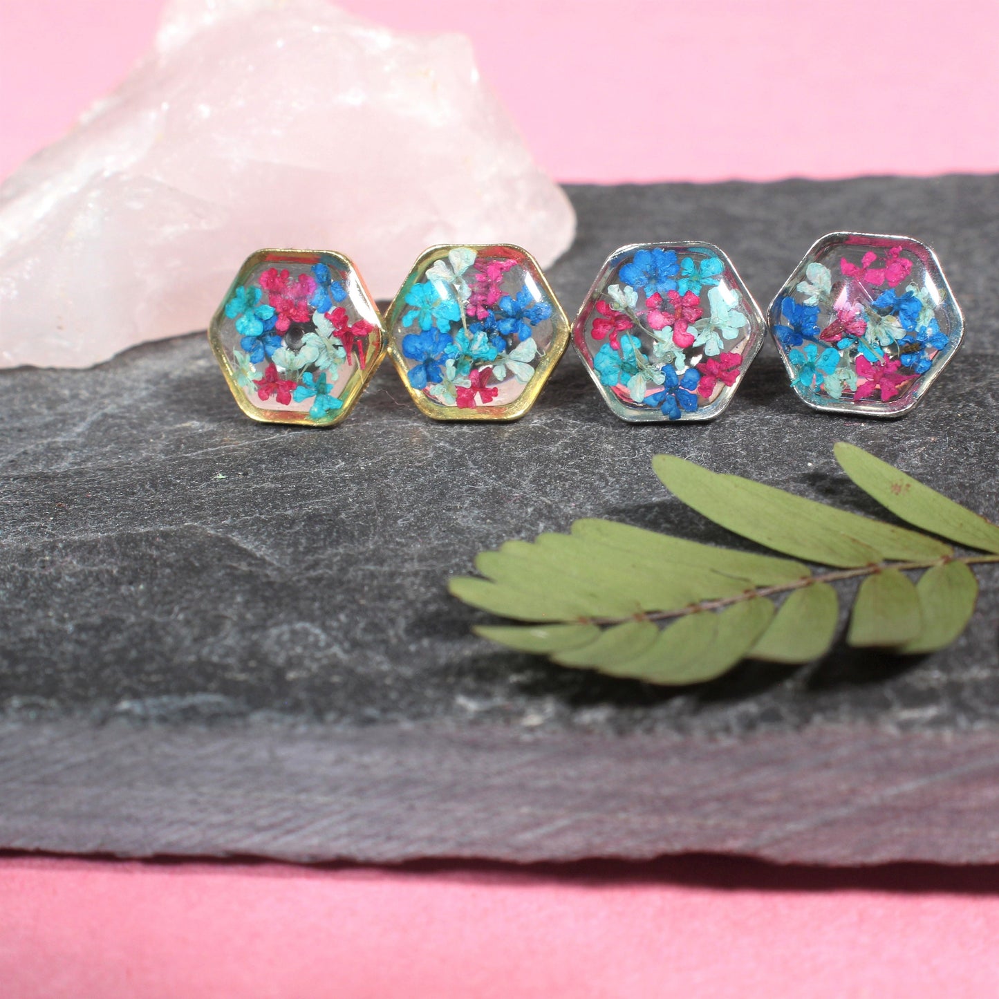 Pressed Flower Studs, Maroon, Teal, Navy Hexagon Studs, Real Flower Jewelry, Dried Flowers, Resin Plant Earrings, Hypoallergenic Titanium