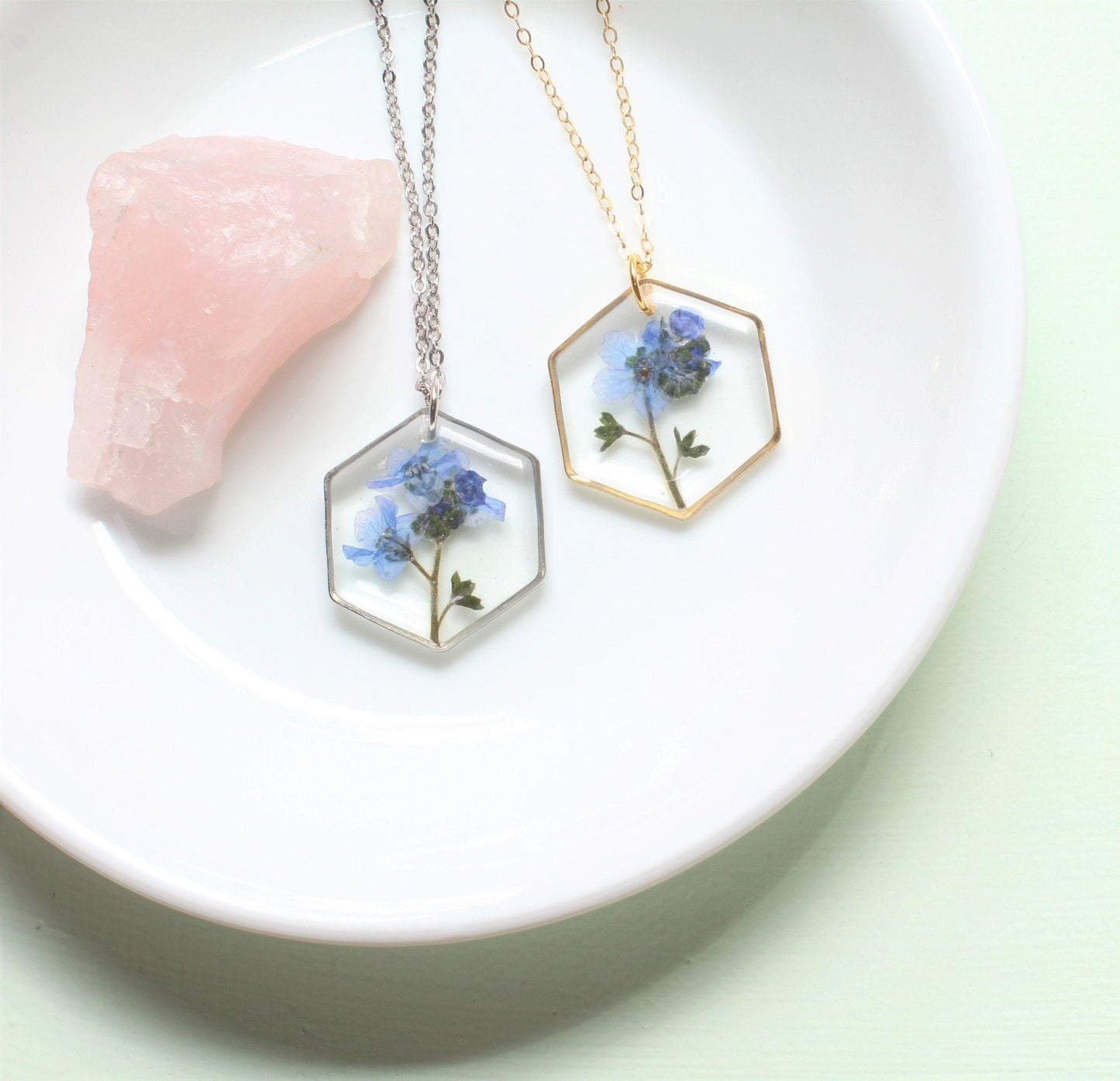 Hexagon Forget-me-not Resin Necklace