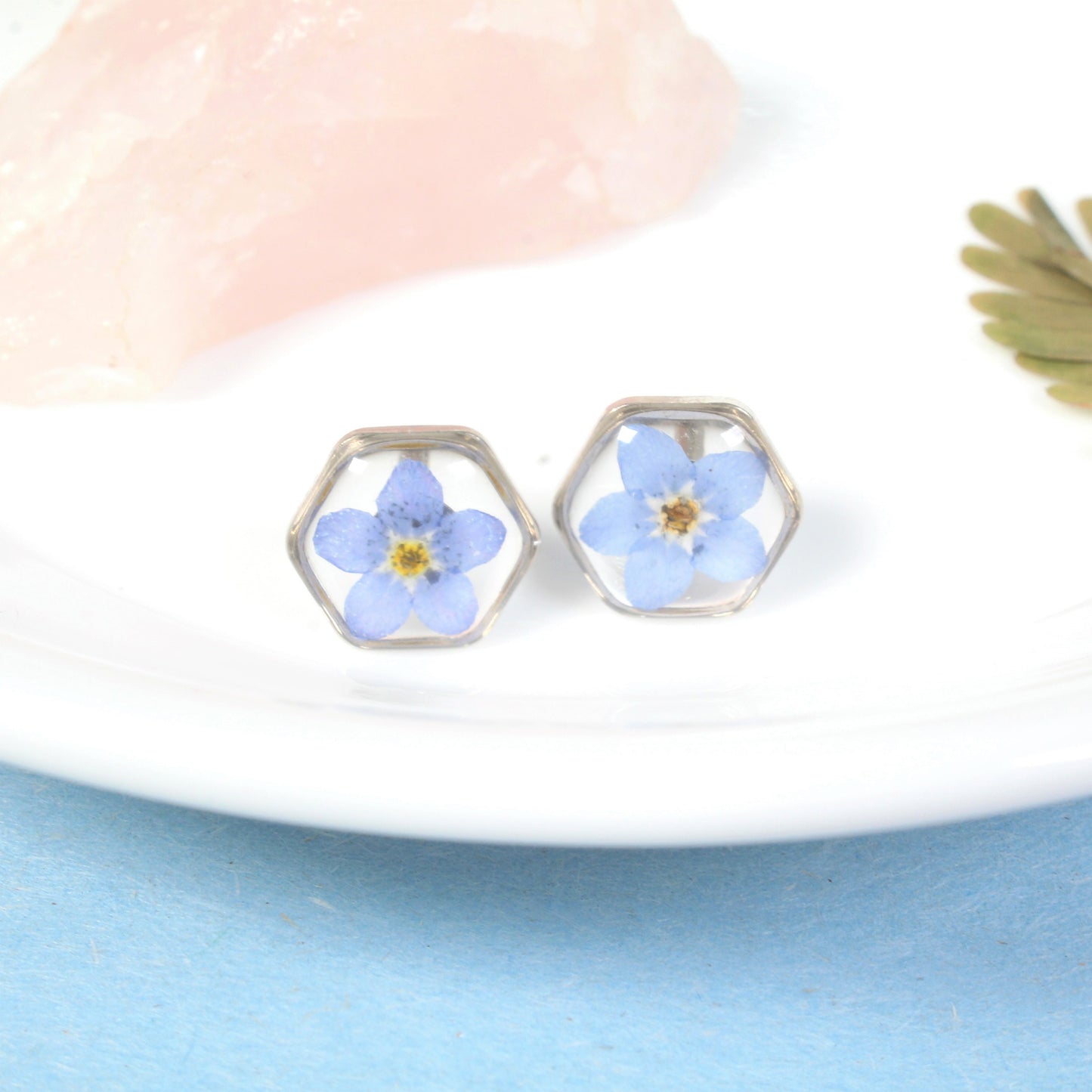 Pressed Flower Earrings, Forget-Me-Not Studs, Hypoallergenic Titanium Posts, Real Dry Flower, Plant, Hexagon, Gold, Silver, Preserved Nature