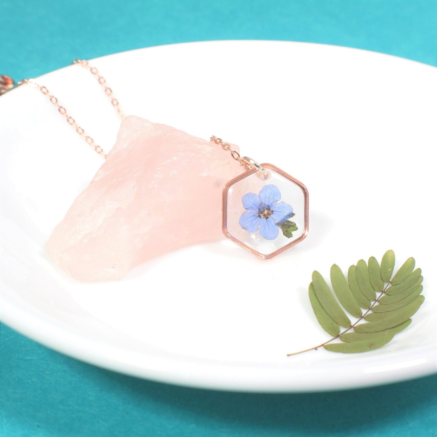Forget me not Necklace, Pressed Flower Jewelry, Real Dried Flowers, Resin, Small Hexagon Forget-Me-Not, Handmade Gift for Loss