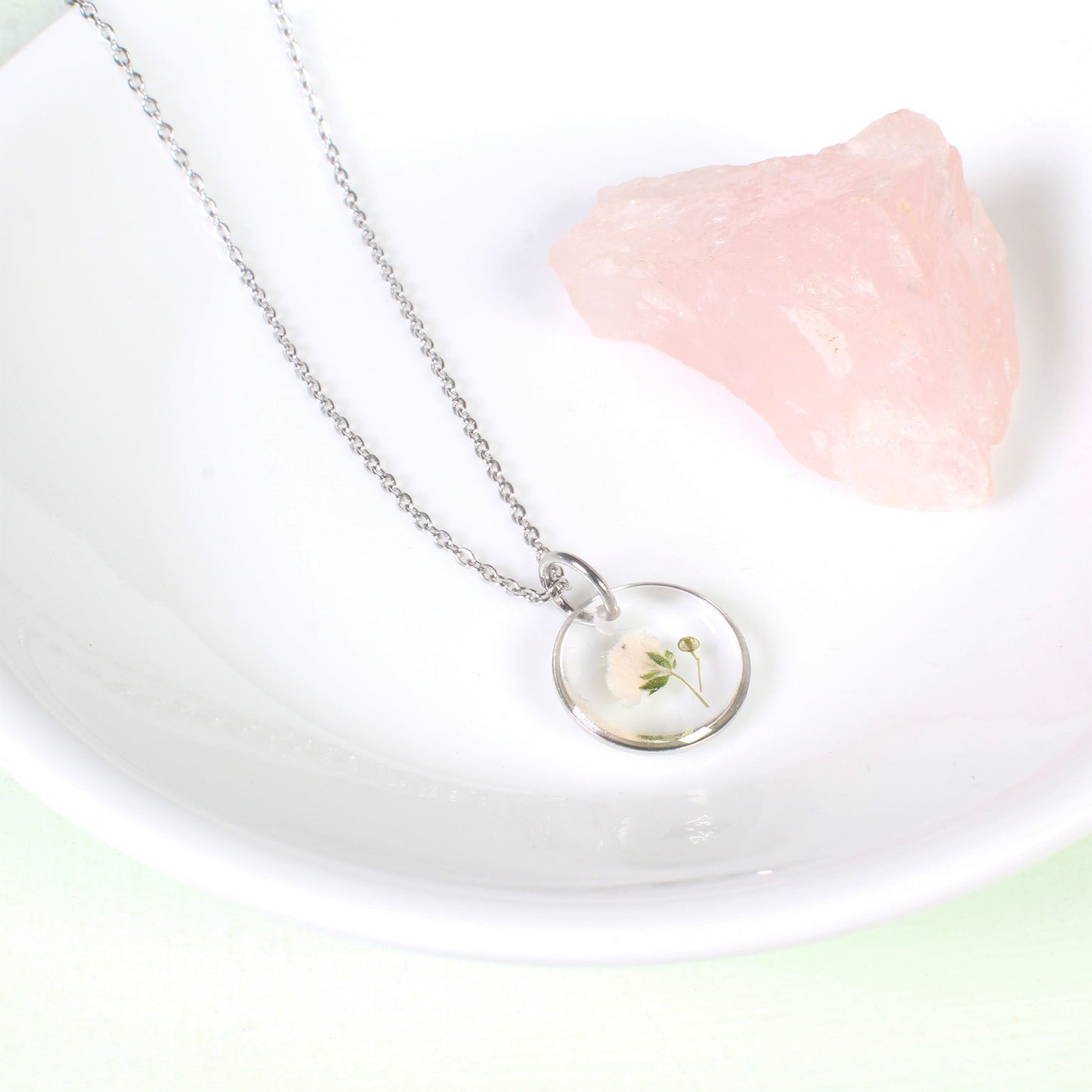 Dainty baby's breath necklaces, small pressed flower teardrop pendants, dried white flowers, resin jewelry, handmade handcrafted nature gift