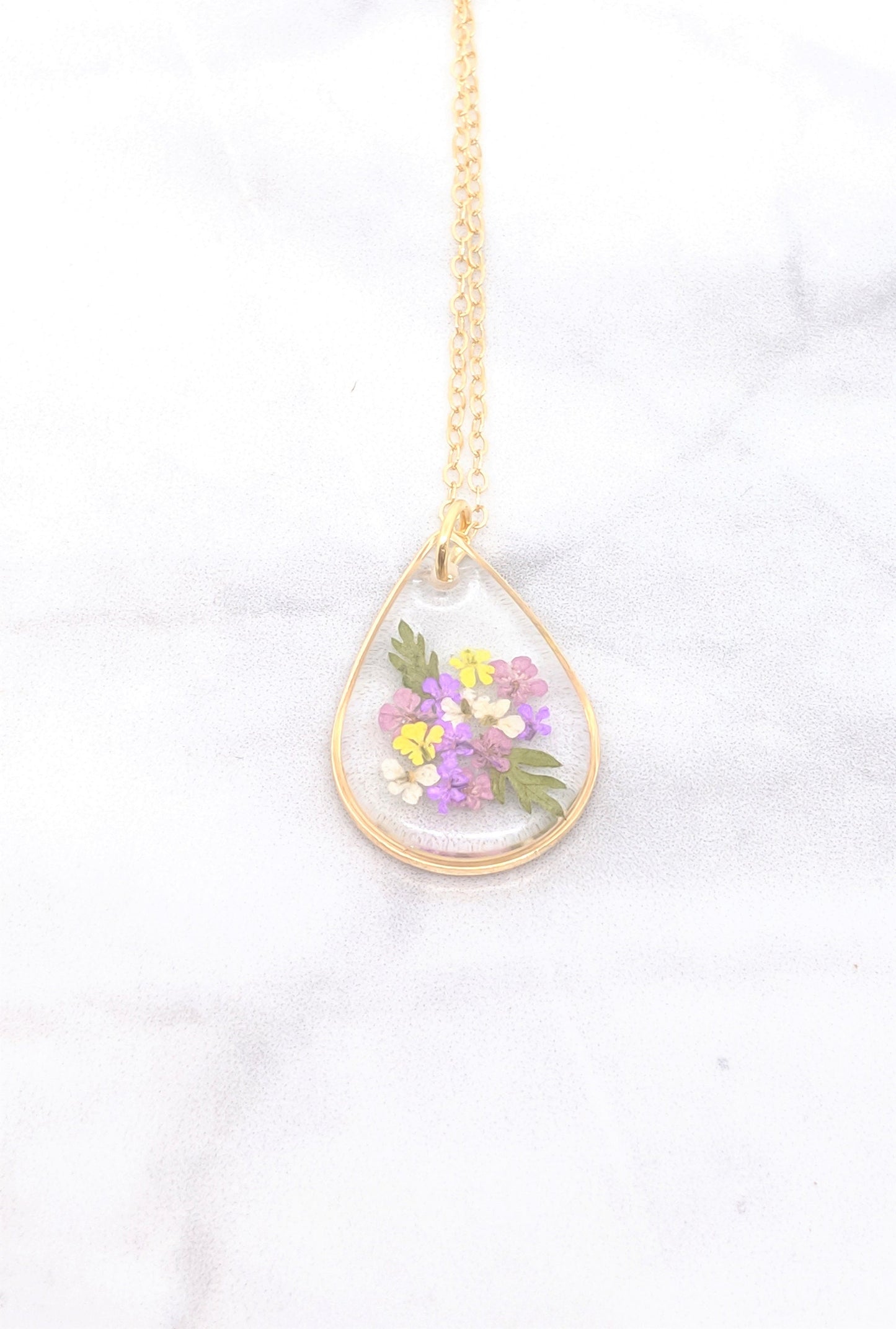 Small Purple Pressed Flower Bouquet Teardrop Pendant Necklace