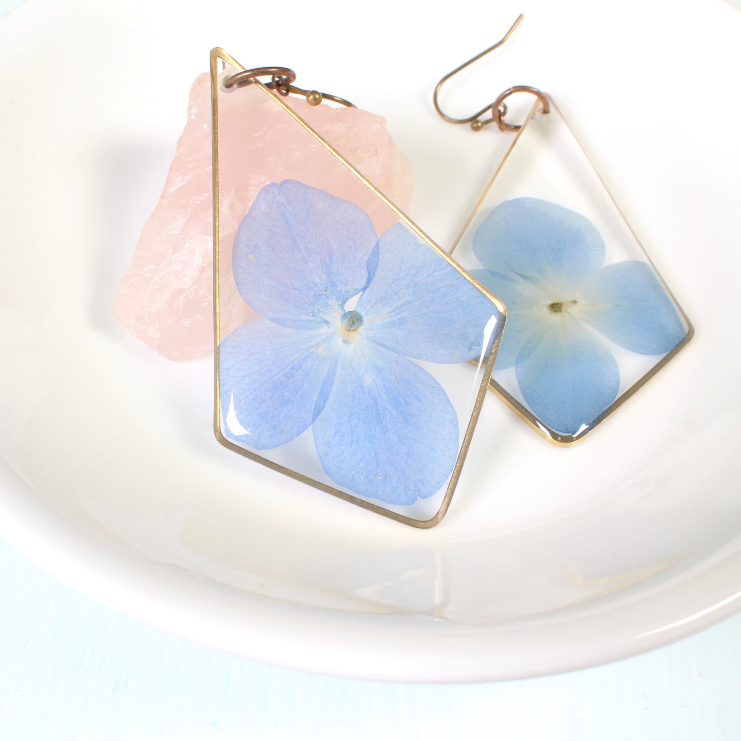 Large hydrangea earrings, blue pressed flower dangle earrings, resin dried flower jewelry, handmade, kite shaped, triangle resin earring
