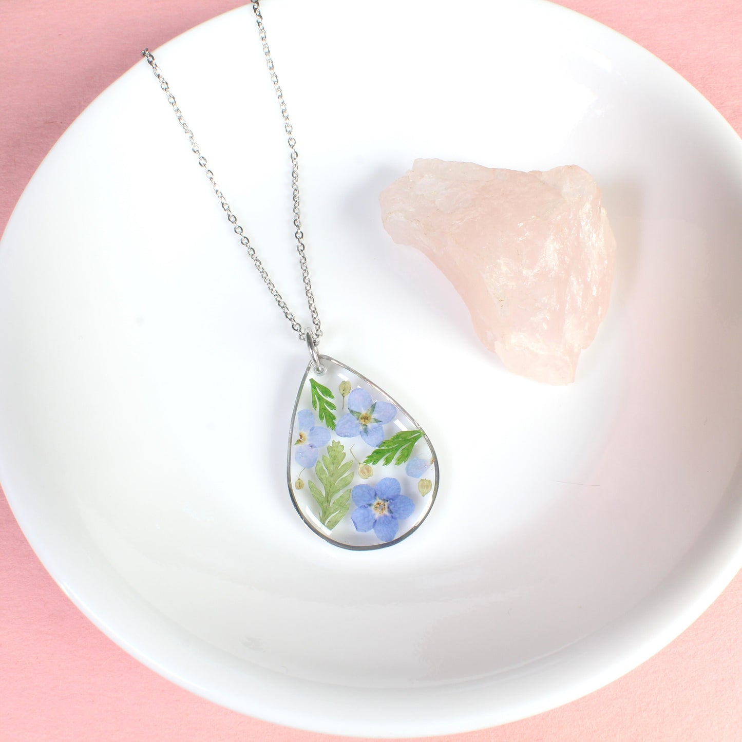 Pressed forget me not flowers and fern leaves resin handmade teardrop necklace