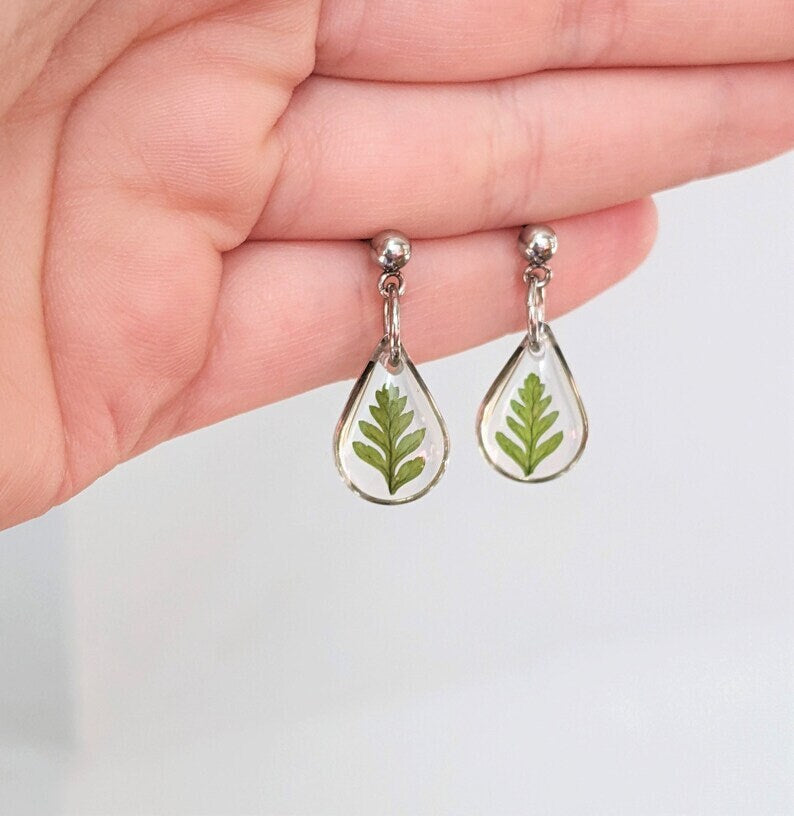 Fern Dangle Earrings, Pressed Leaf Teardrop Earrings, Real Plant Jewelry, Lightweight, Resin, Handmade, Pressed Flowers, Gold, Silver