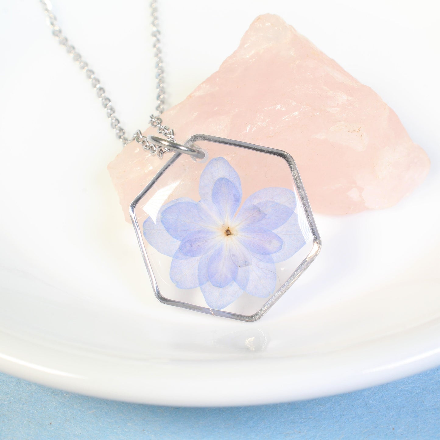 Hydrangea necklace, real pressed flower pendant, purple, blue, gold, silver, handmade resin dried flower jewelry, hexagon, botanical, nature