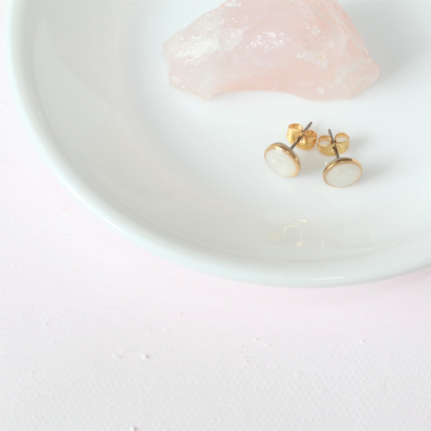 Small Modern Minimalist White and Gold Studs, Resin Earrings, Hypoallergenic Titanium, Geometric Gold Circles, Frosty White, Every day Studs