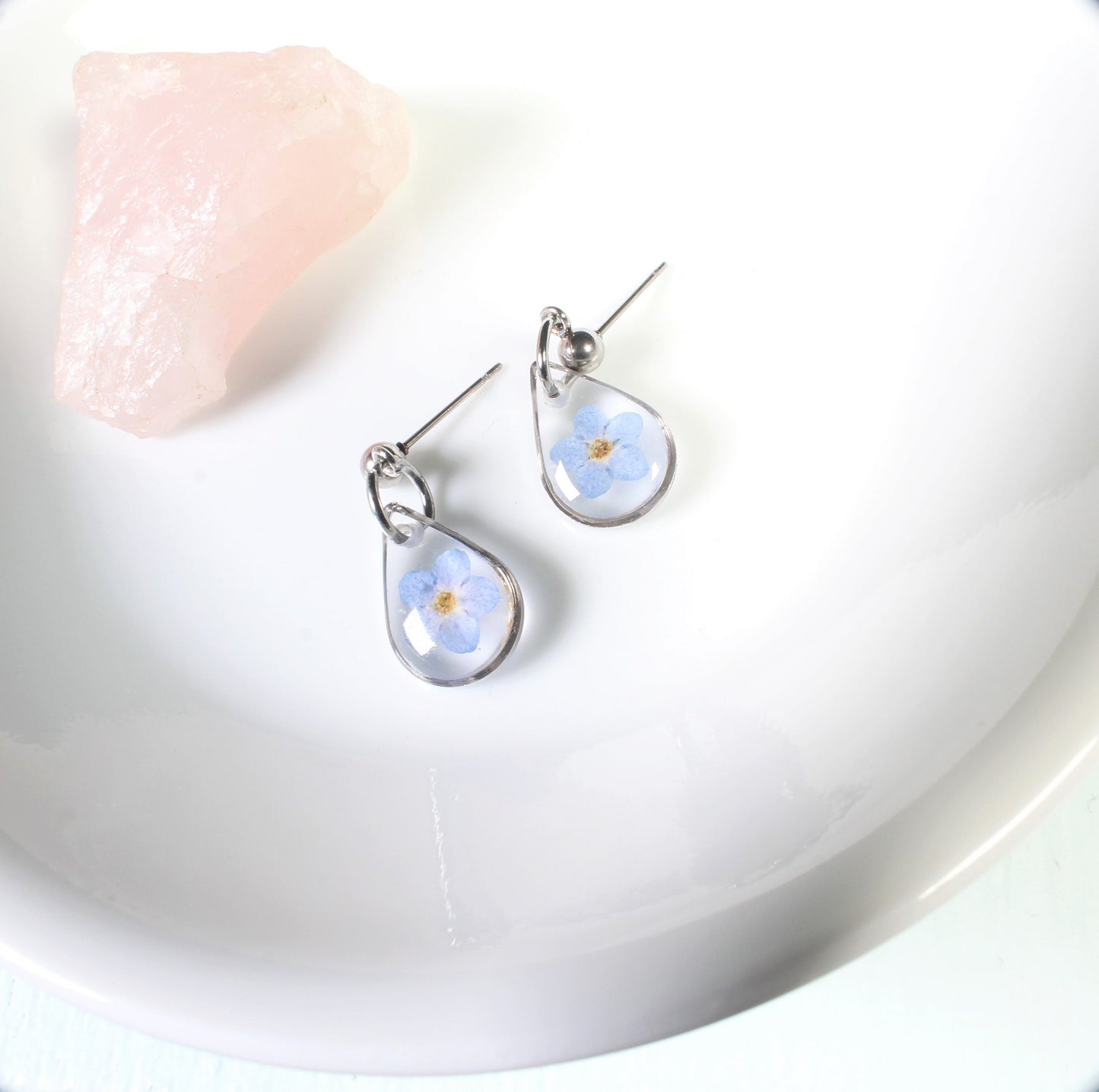 Tiny gold forget me not earrings, small teardrop dangle studs, handmade resin jewelry, pressed flowers, long distance friendship gift nature