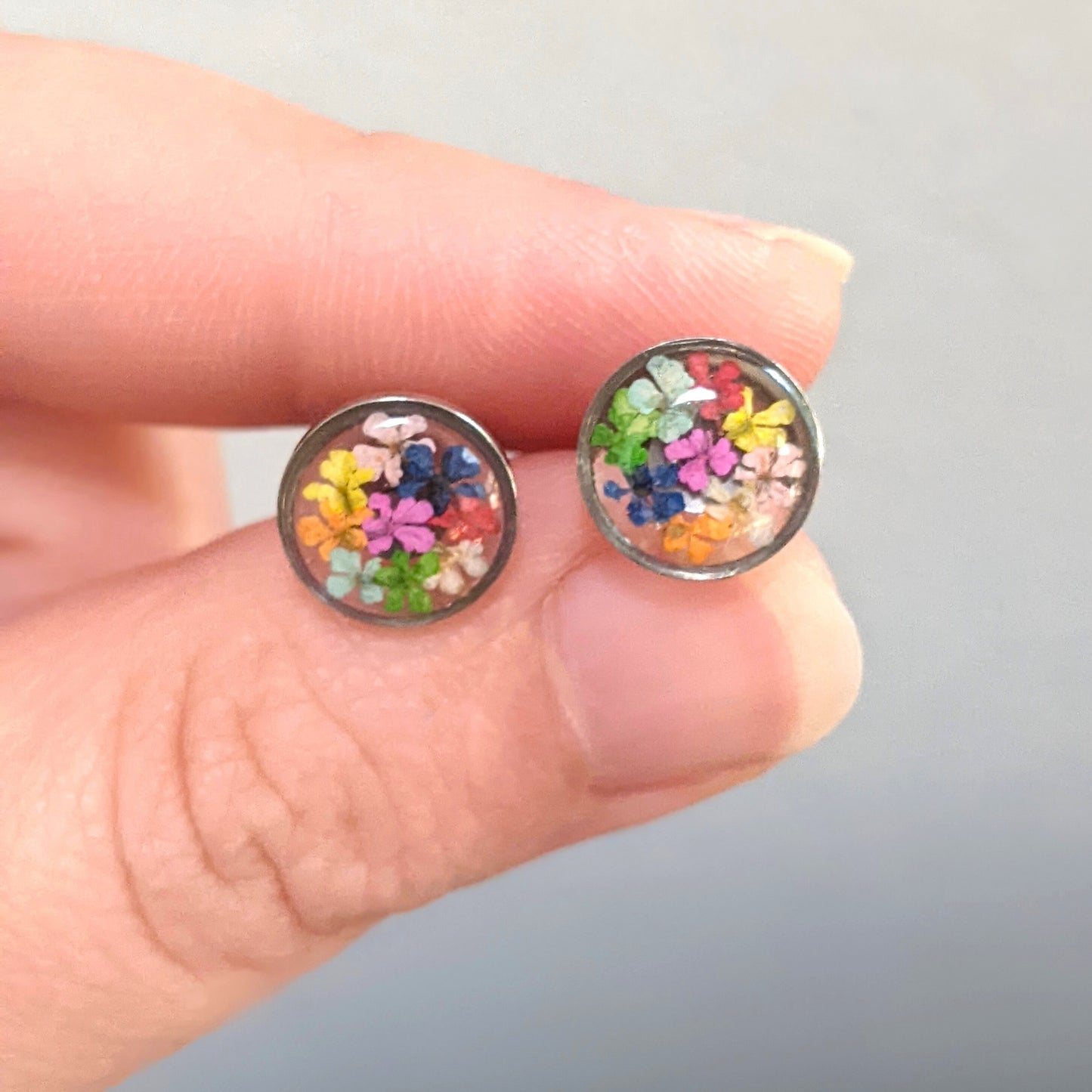 Gold rainbow earrings, pressed flower resin jewelry, colorful circle studs, hypoallergenic titanium, handmade post earrings, dried flowers