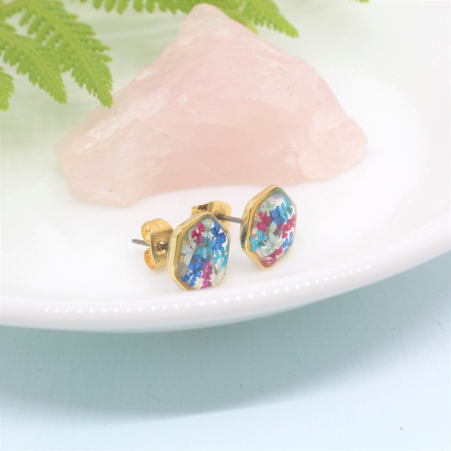 Pressed Flower Studs, Maroon, Teal, Navy Hexagon Studs, Real Flower Jewelry, Dried Flowers, Resin Plant Earrings, Hypoallergenic Titanium