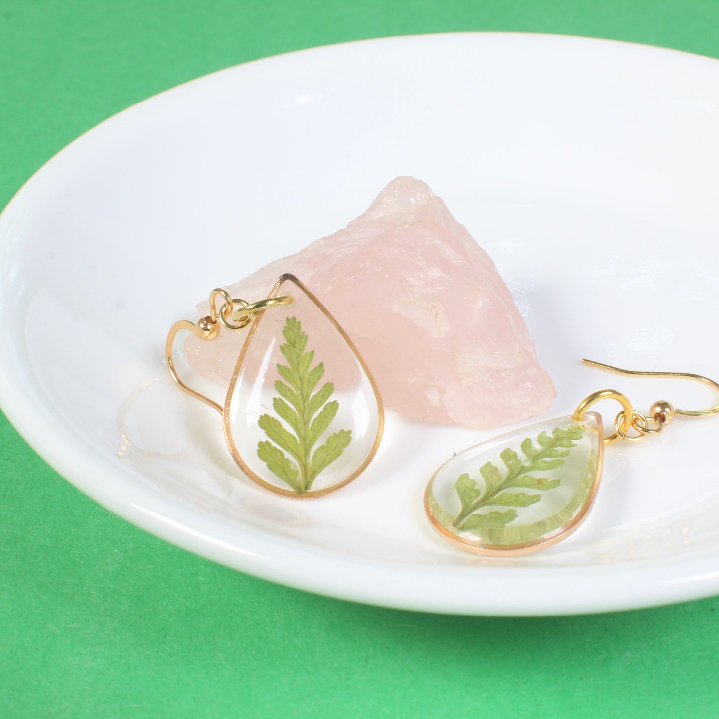 Fern Dangle Earrings, Pressed Leaf Teardrop Earrings, Real Plant Jewelry, Lightweight, Resin, Handmade, Pressed Flowers, Gold, Silver