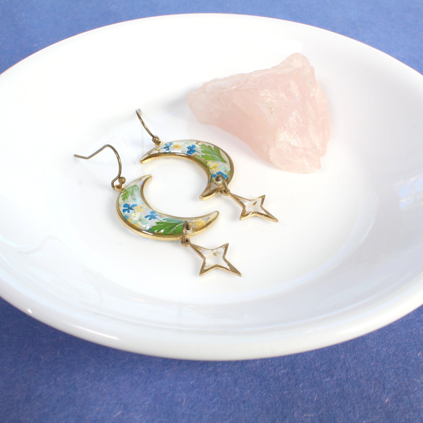Pressed flower moon and star earrings, resin dried flower dangles, botanical lunar jewelry, handmade, celestial, fern leaves, nature, brass